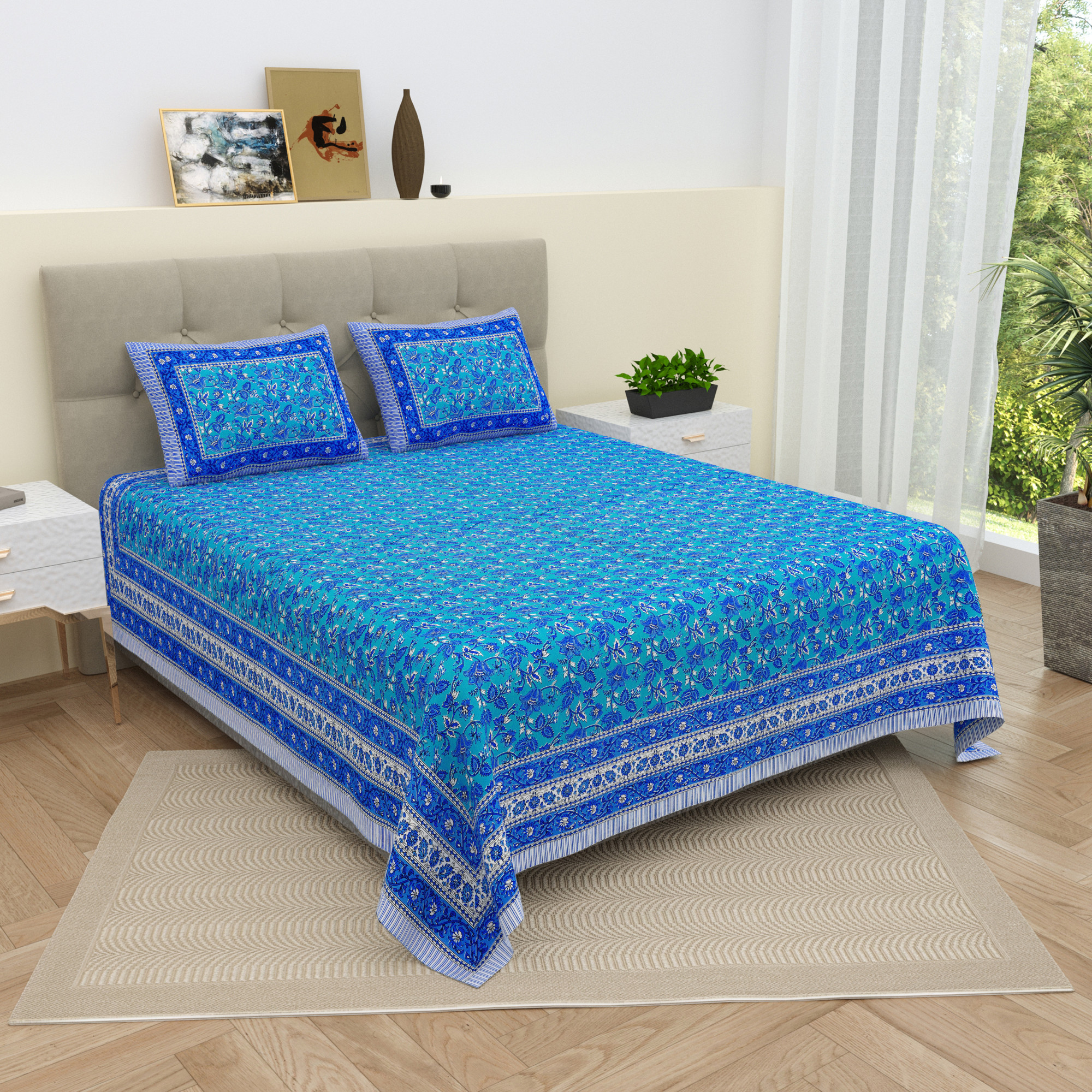 White Blue Floral 210 TC Pure Cotton Double Bedsheet with 2 Pillow Covers