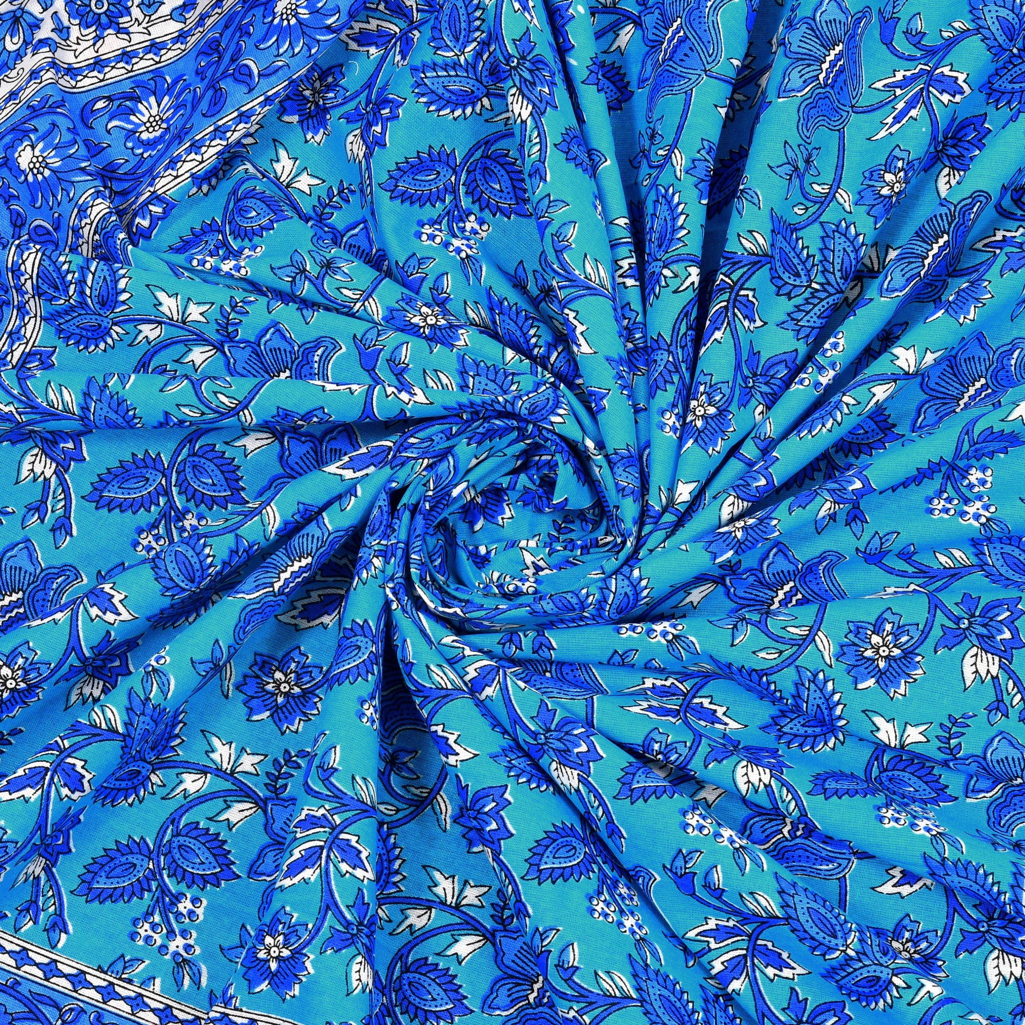 White Blue Floral 210 TC Pure Cotton Double Bedsheet with 2 Pillow Covers