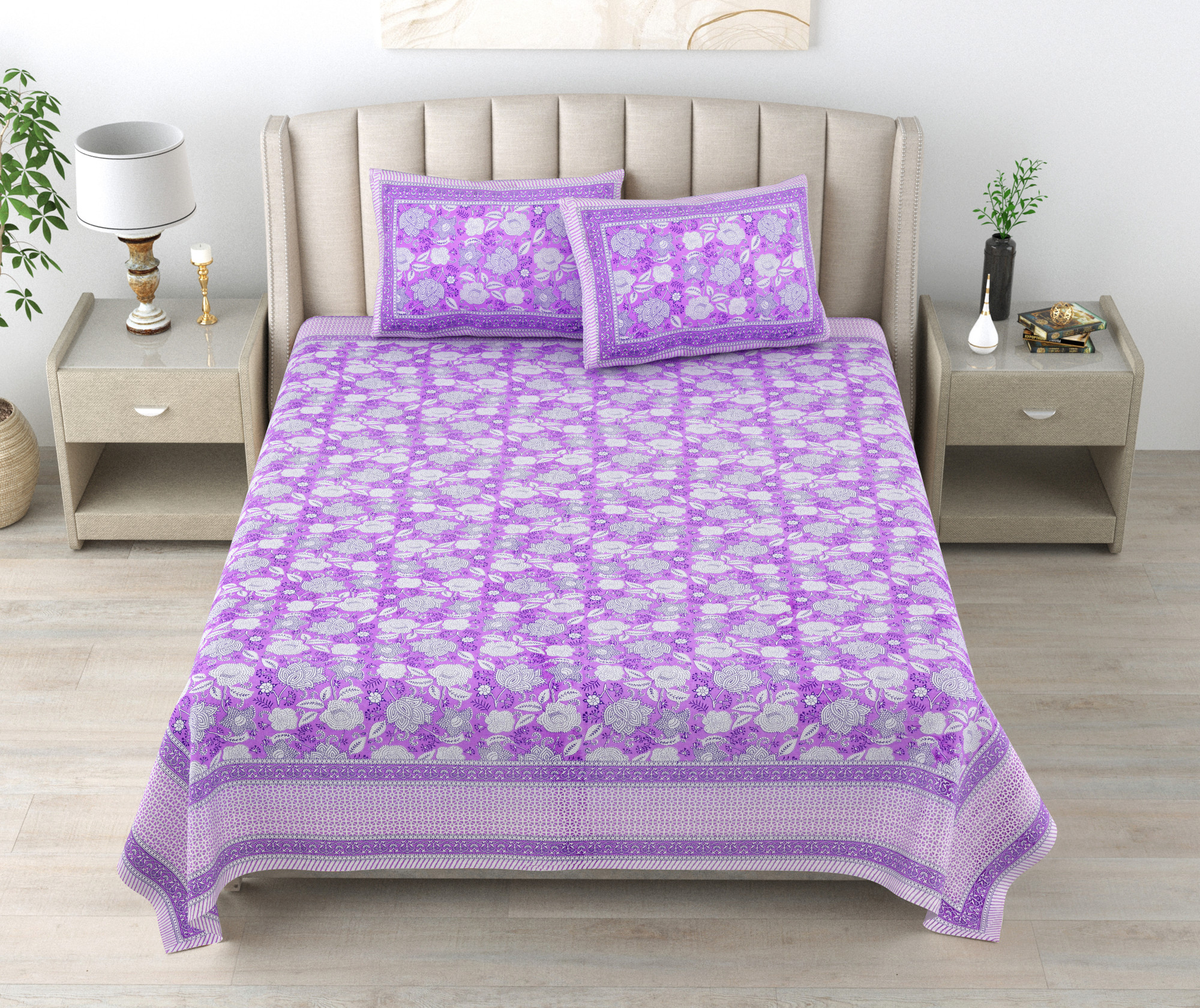 Purple White Floral 240 TC Pure Cotton Double Bedsheet with 2 Pillow Covers