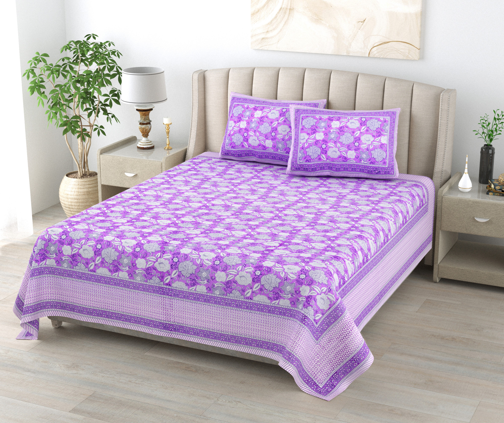 Purple White Floral 240 TC Pure Cotton Double Bedsheet with 2 Pillow Covers