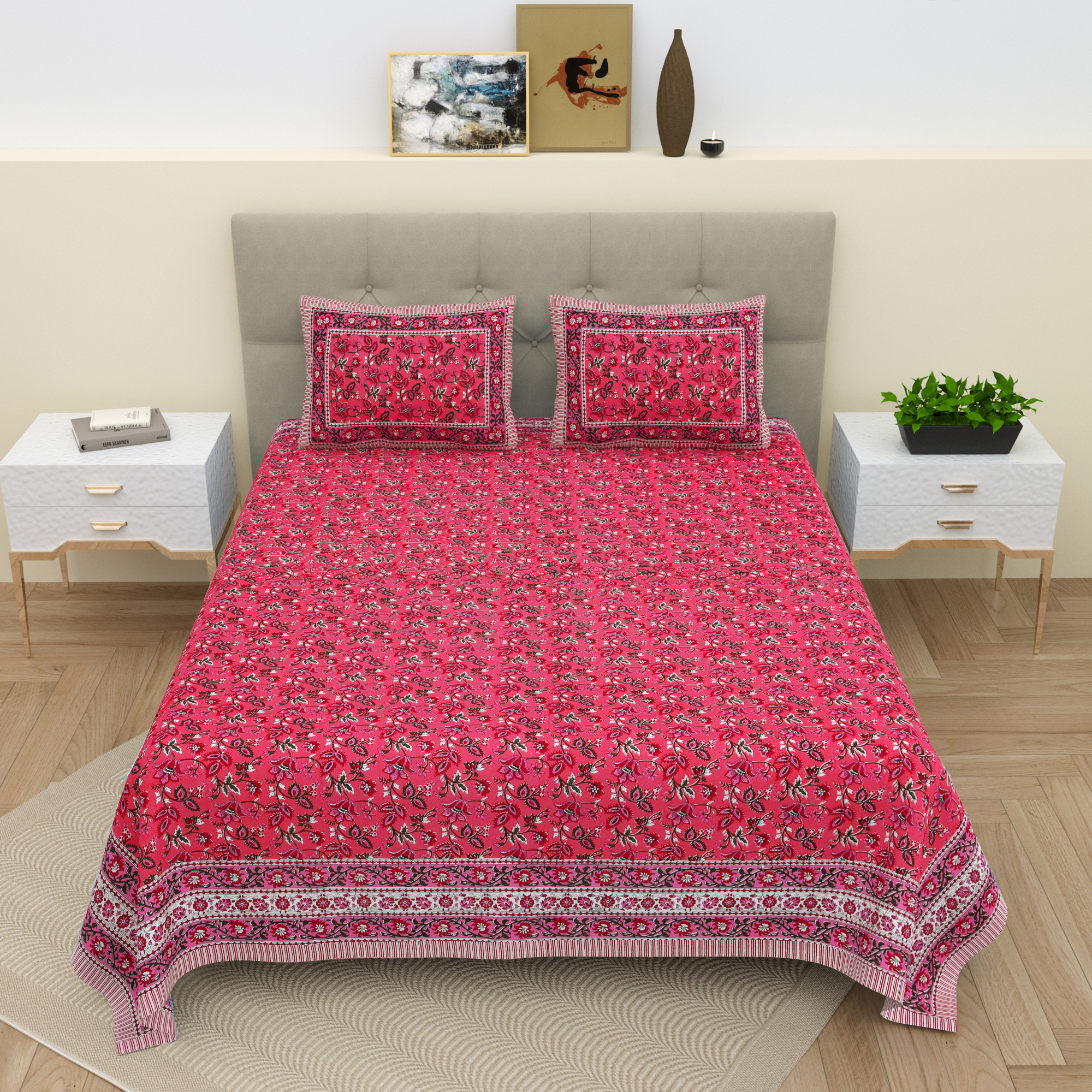 White Pink Floral 210 TC Pure Cotton Double Bedsheet with 2 Pillow Covers