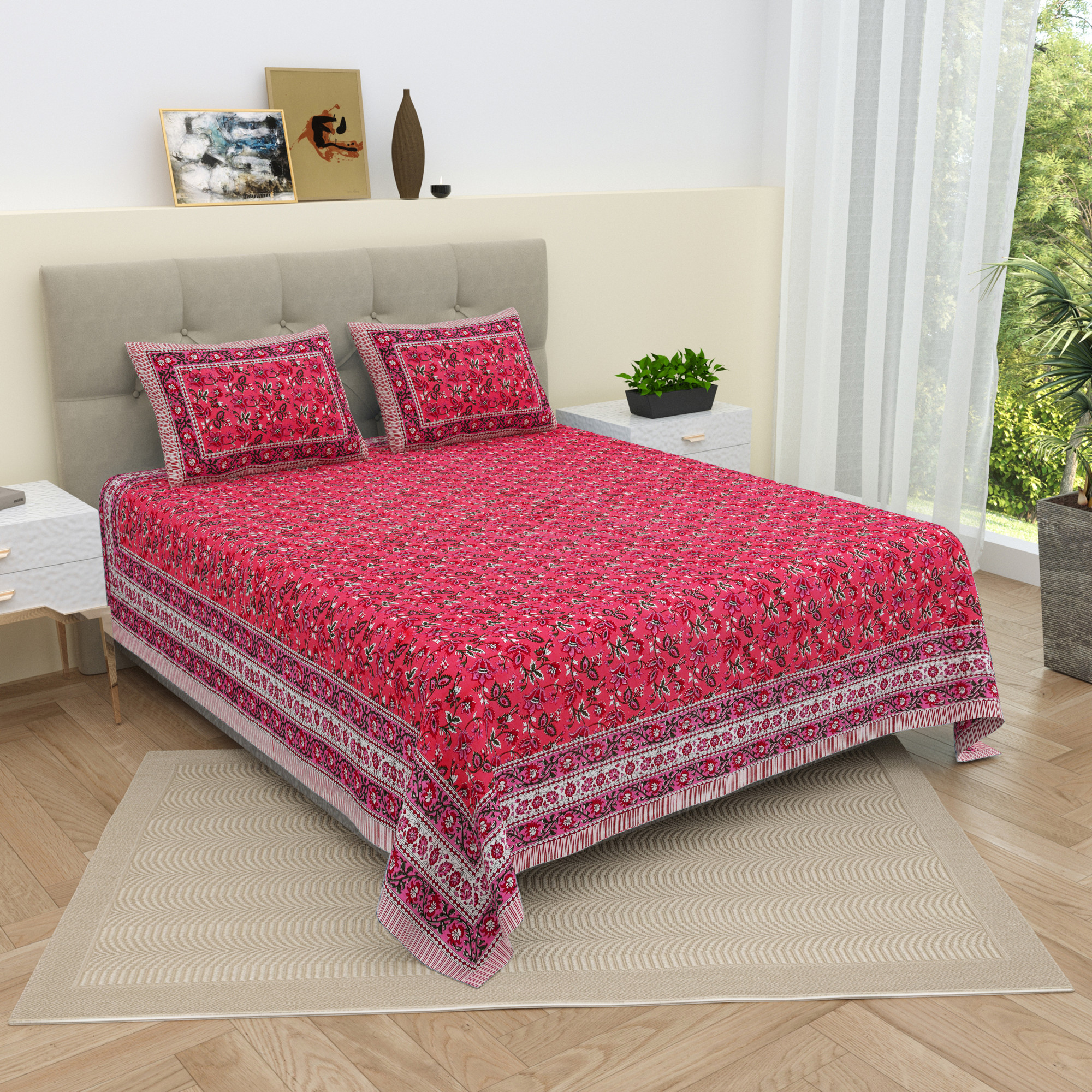 White Pink Floral 210 TC Pure Cotton Double Bedsheet with 2 Pillow Covers