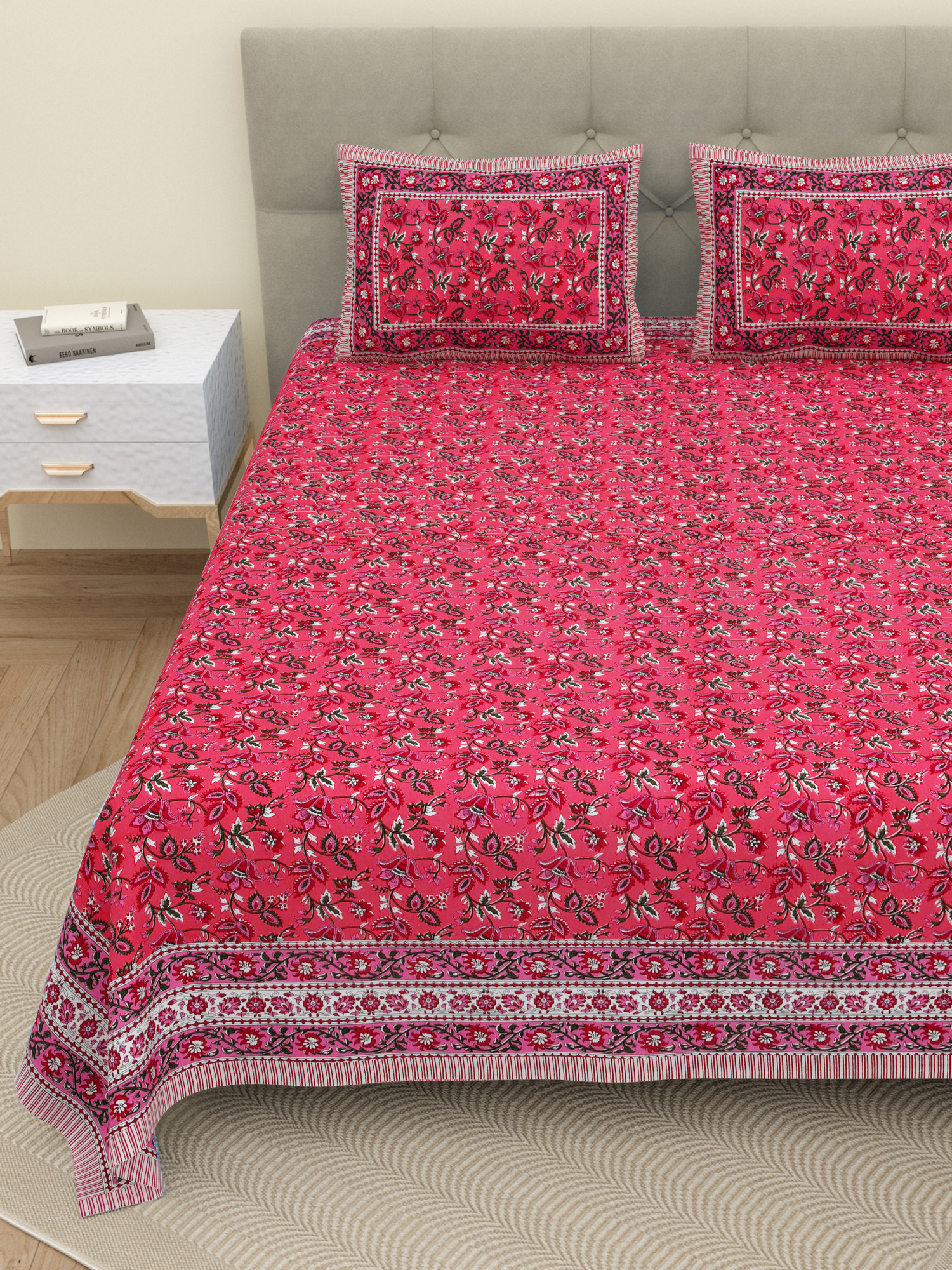 White Pink Floral 210 TC Pure Cotton Double Bedsheet with 2 Pillow Covers