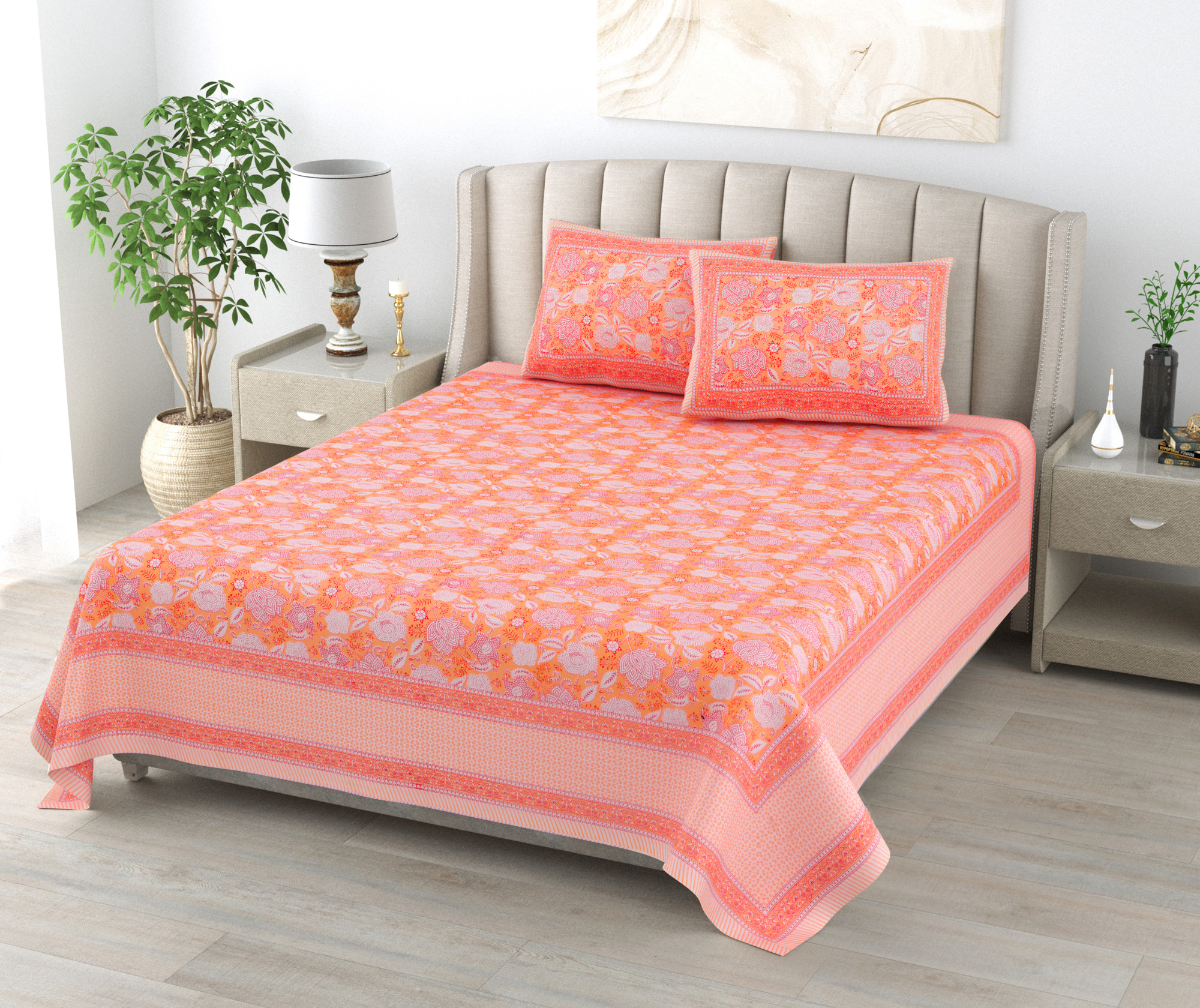 Brown White Floral 240 TC Pure Cotton Double Bedsheet with 2 Pillow Covers