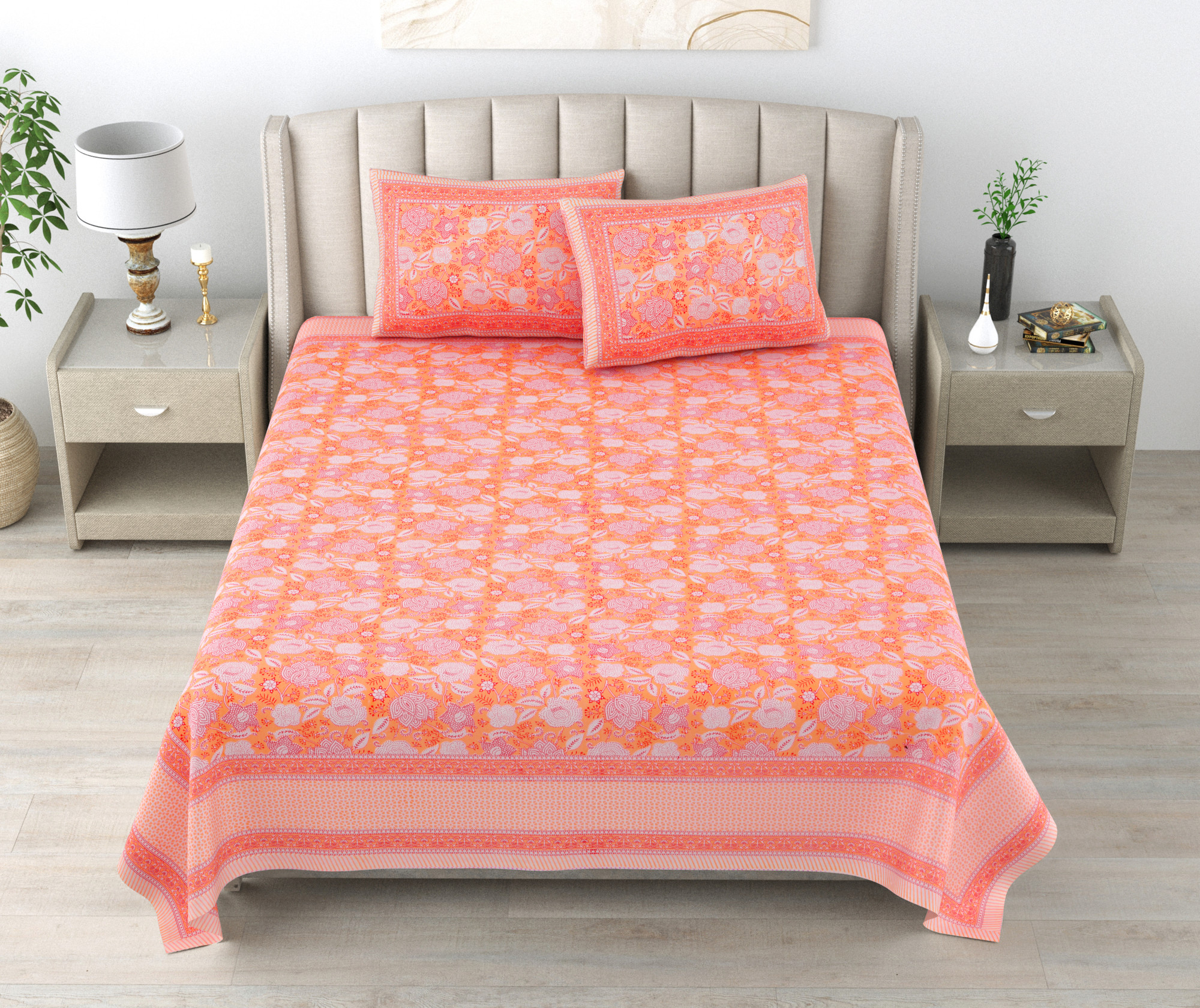 Brown White Floral 240 TC Pure Cotton Double Bedsheet with 2 Pillow Covers