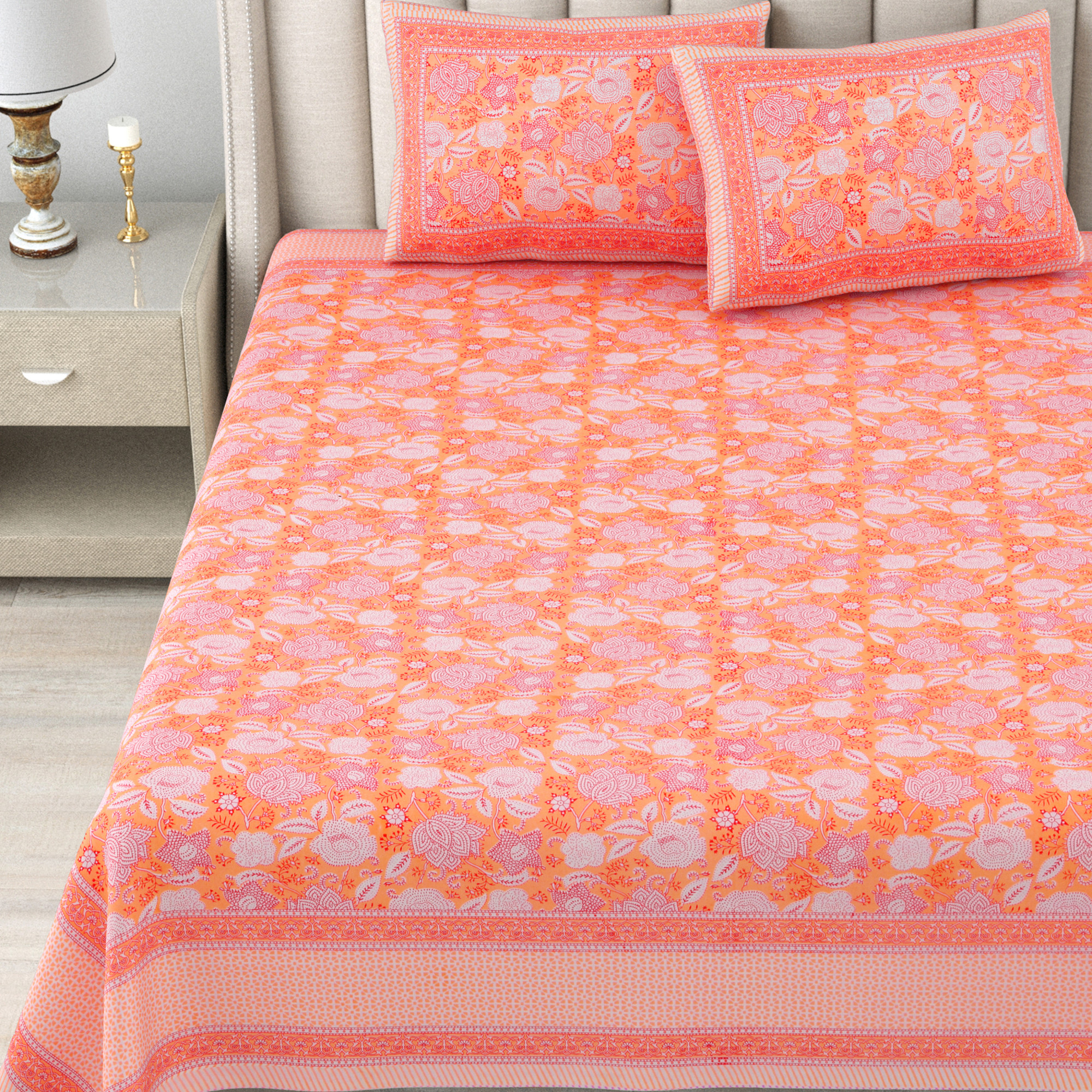Brown White Floral 240 TC Pure Cotton Double Bedsheet with 2 Pillow Covers