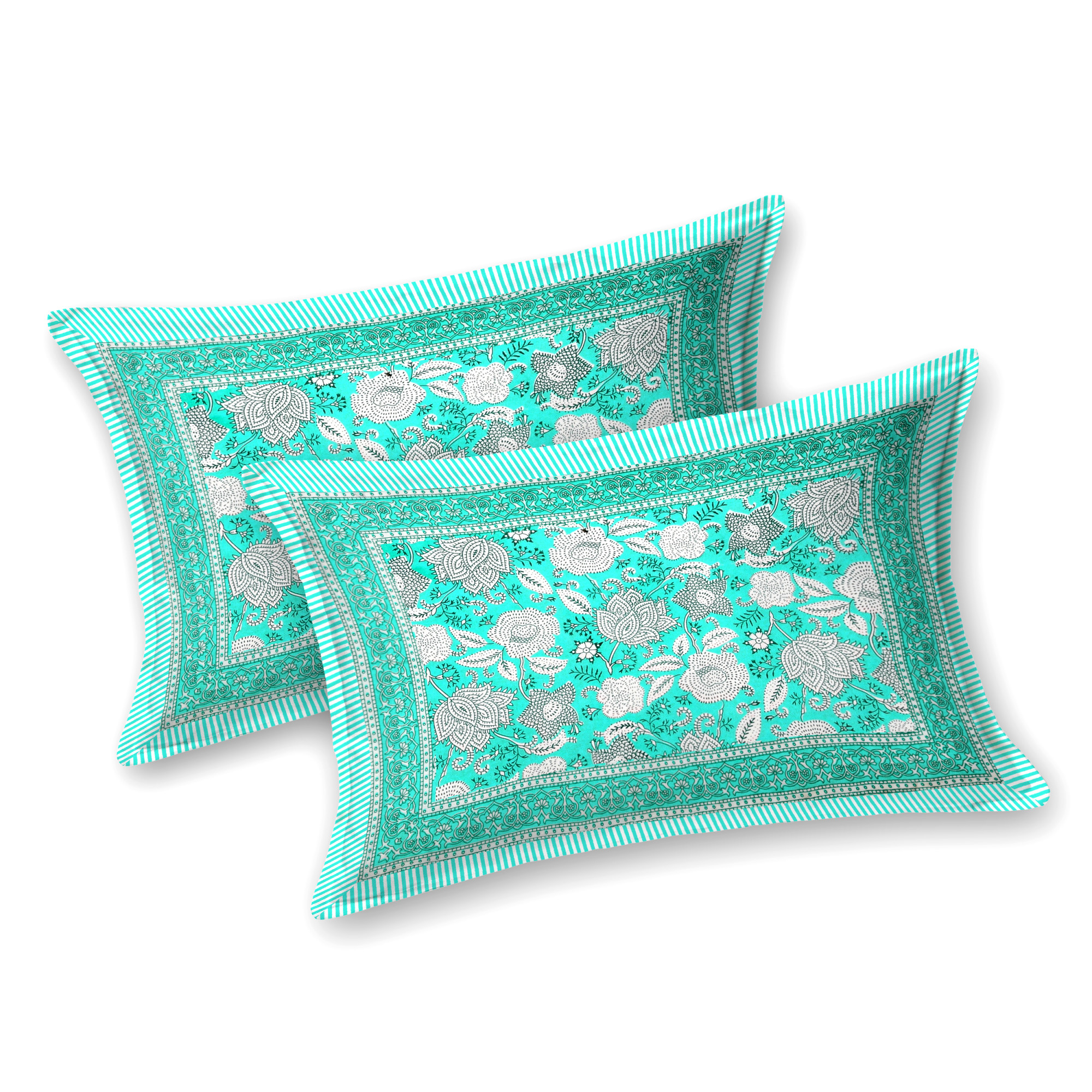 Green White Floral 240 TC Pure Cotton Double Bedsheet with 2 Pillow Covers