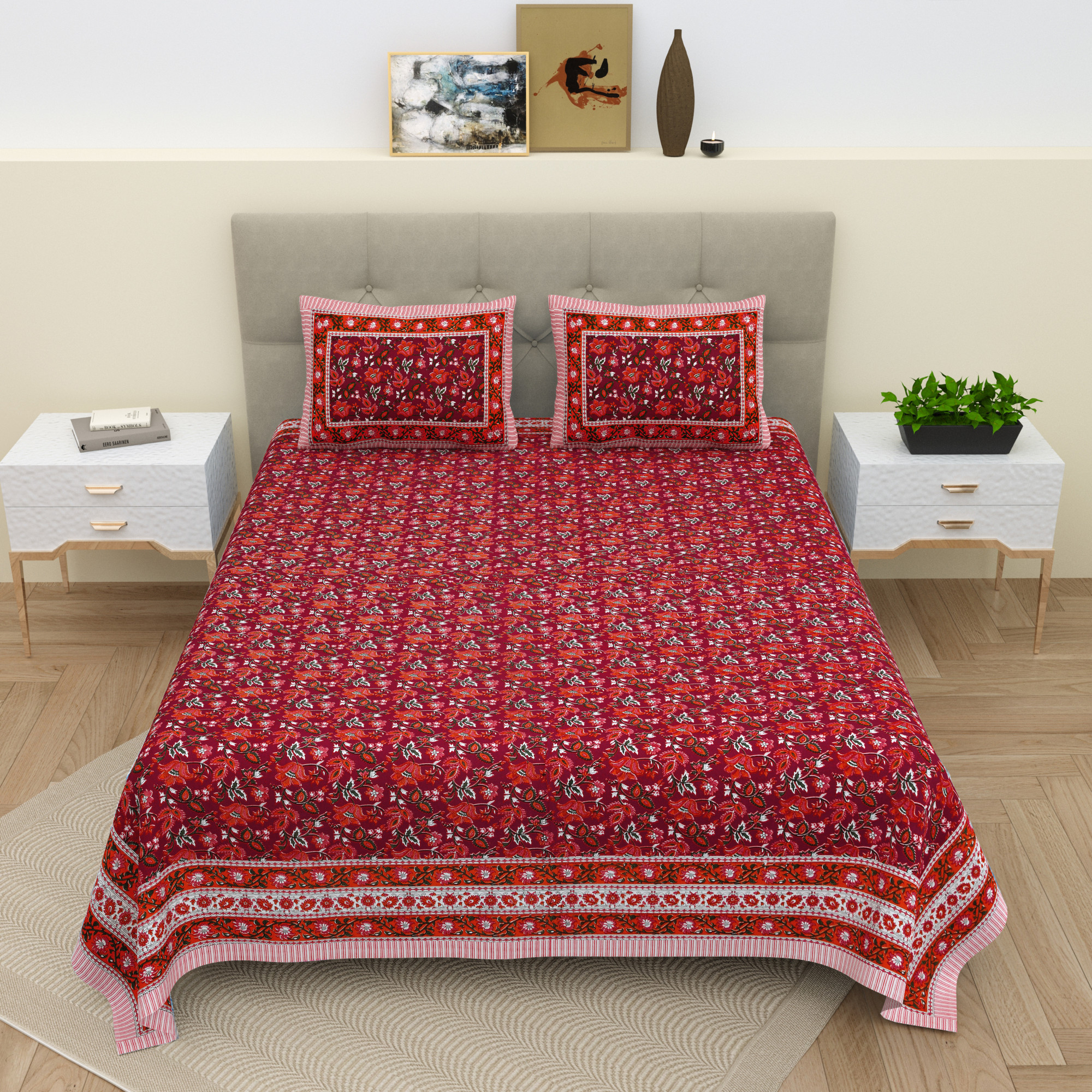 White  Maroon Floral 210 TC Pure Cotton Double Bedsheet with 2 Pillow Covers