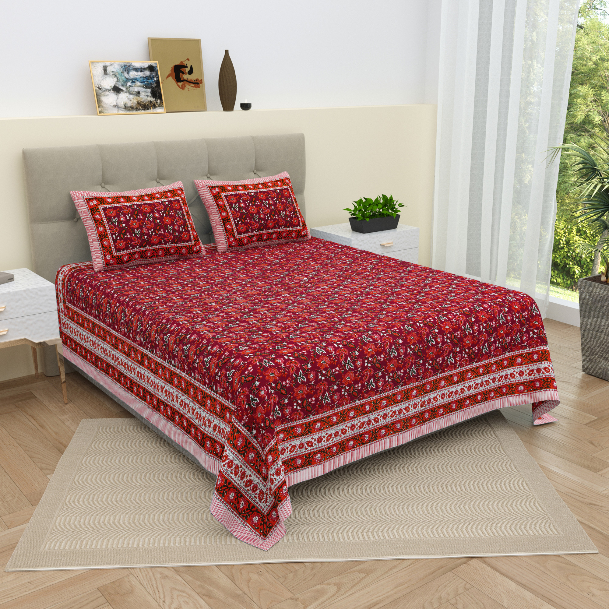 White  Maroon Floral 210 TC Pure Cotton Double Bedsheet with 2 Pillow Covers