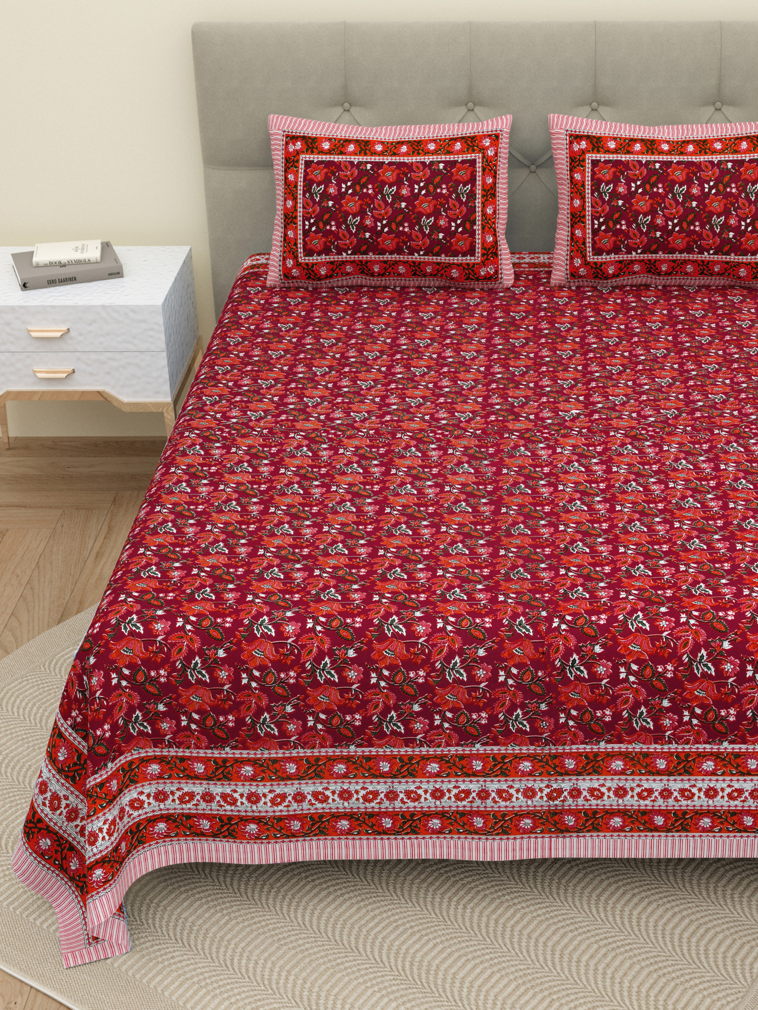 White  Maroon Floral 210 TC Pure Cotton Double Bedsheet with 2 Pillow Covers
