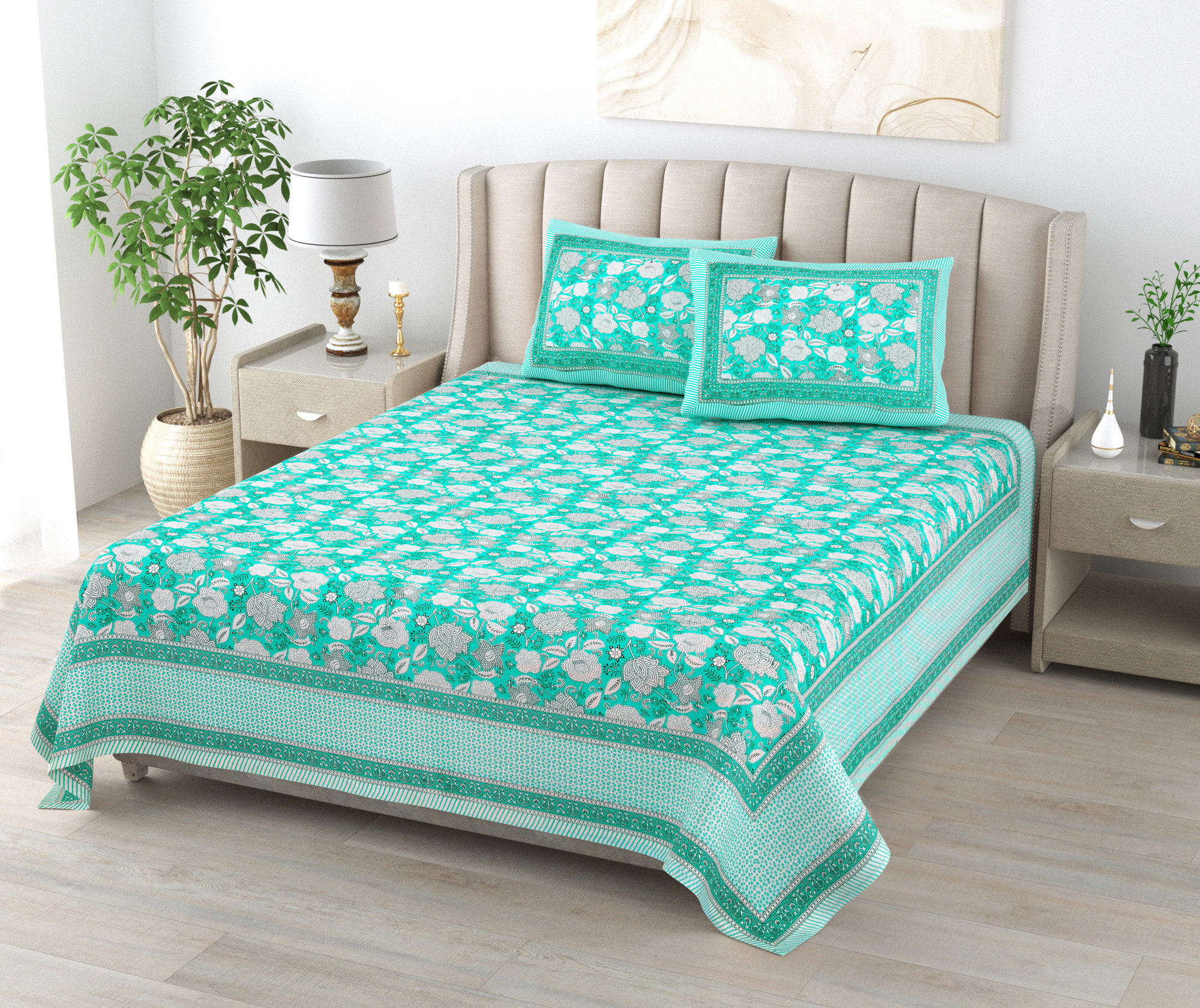 Green White Floral 240 TC Pure Cotton Double Bedsheet with 2 Pillow Covers