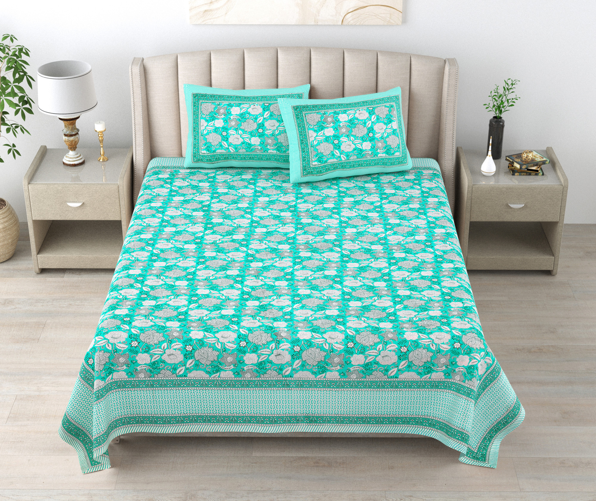 Green White Floral 240 TC Pure Cotton Double Bedsheet with 2 Pillow Covers
