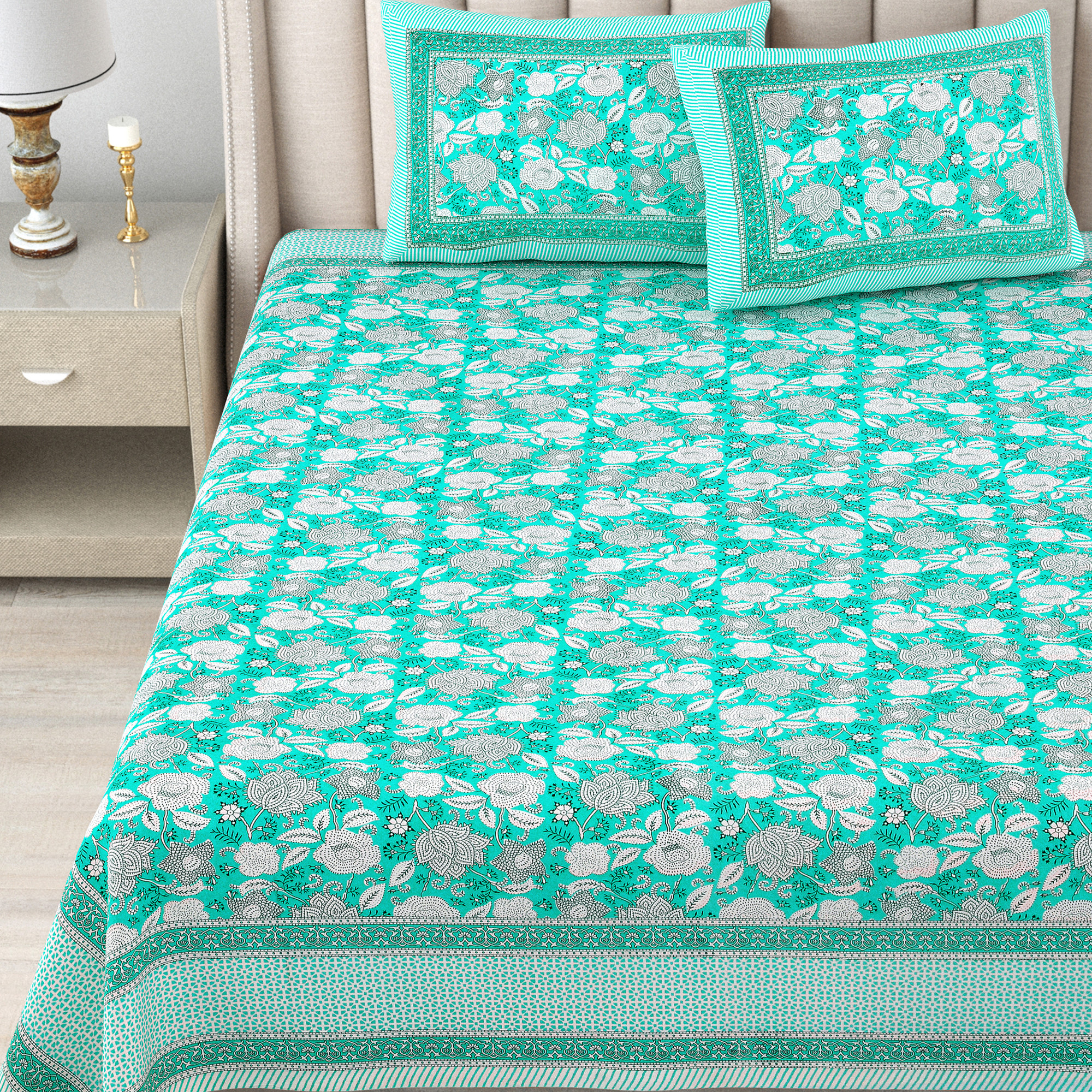 Green White Floral 240 TC Pure Cotton Double Bedsheet with 2 Pillow Covers