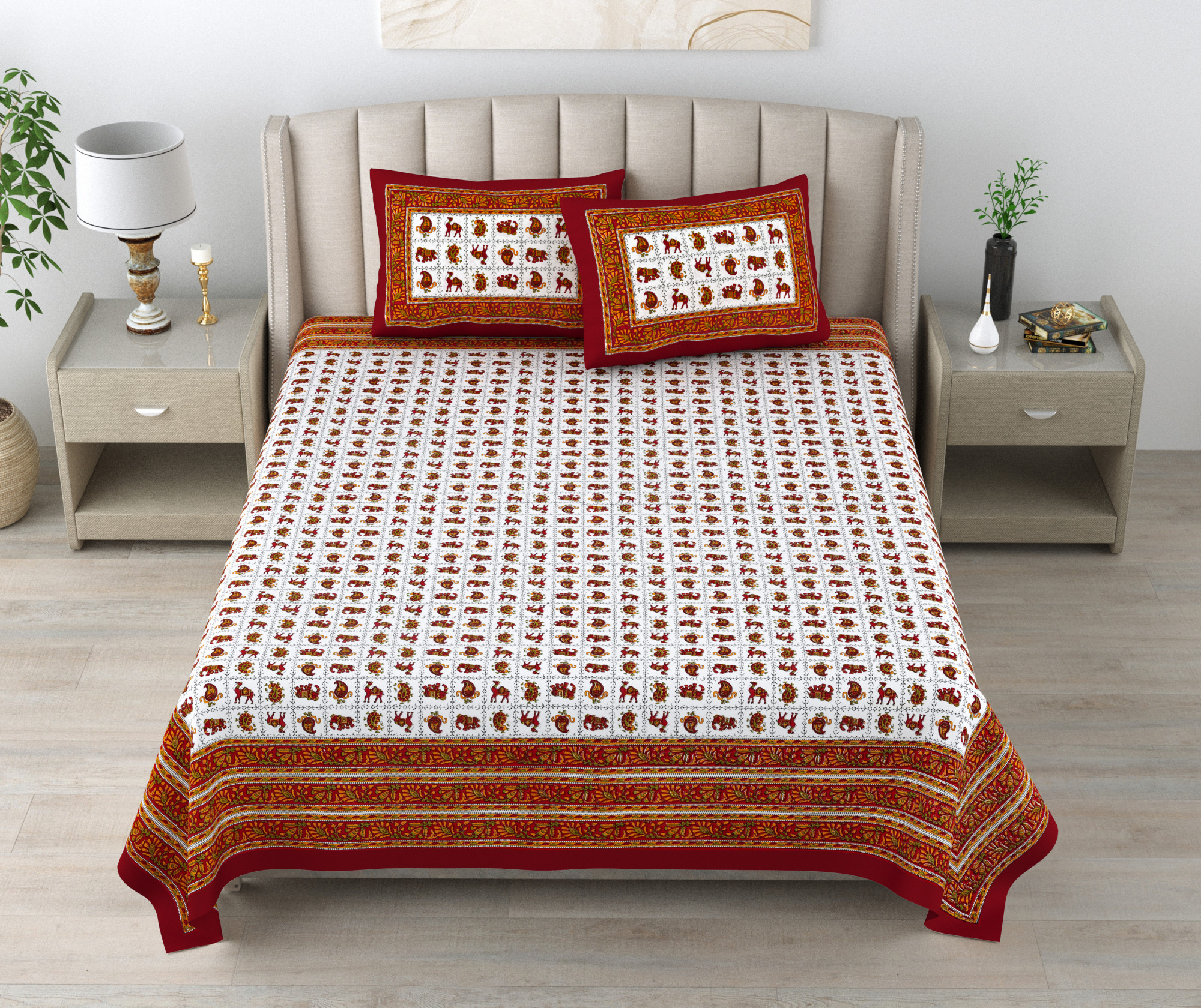 Ethnic Motifs Printed 100 Pure Cotton King-Size Bedsheet with 2 Pillow Covers