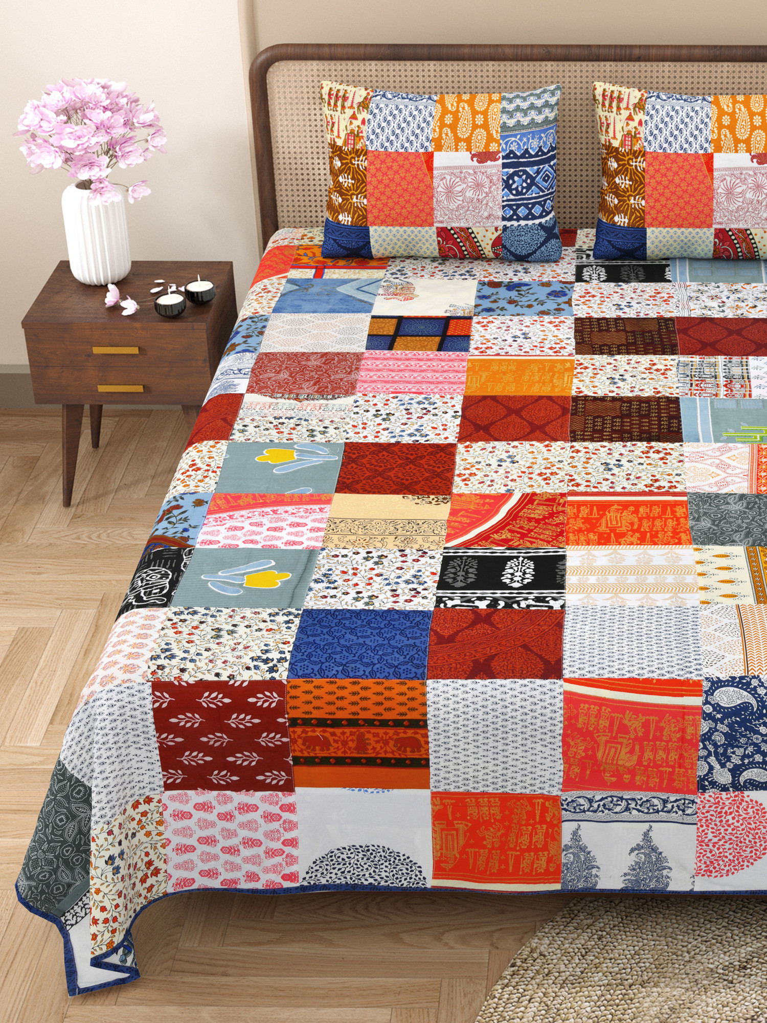 Satrangi Multi-Patchwork Pure Cotton Double Bedsheet with 2 Pillow Covers