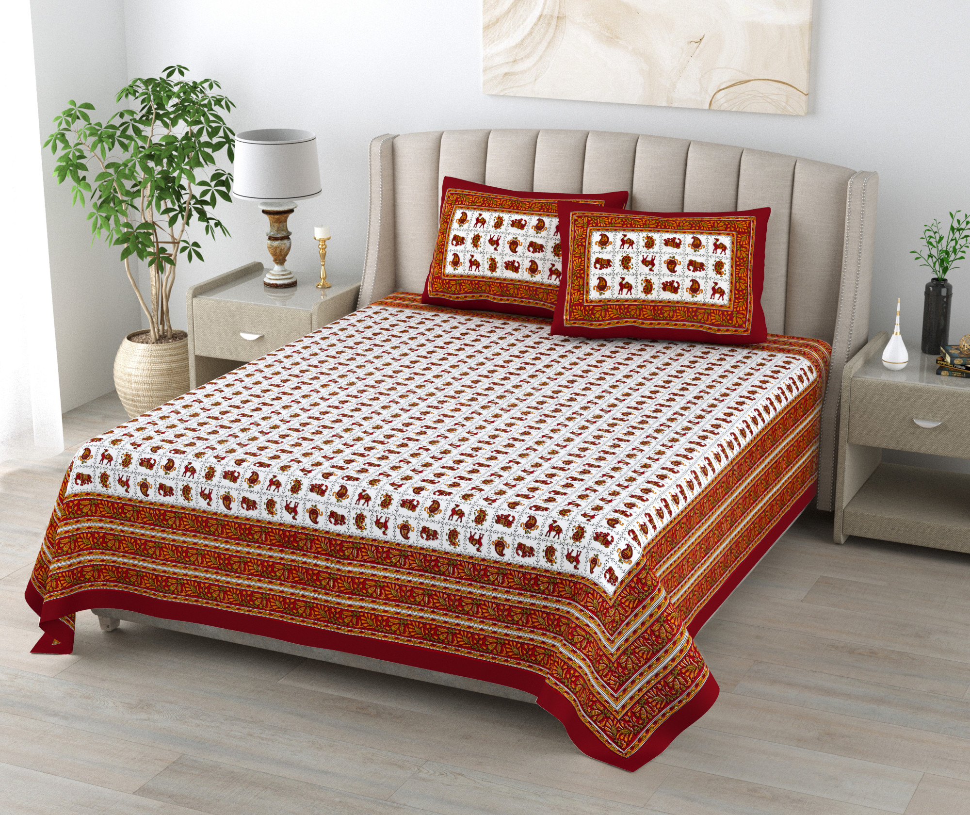 Ethnic Motifs Printed 100 Pure Cotton King-Size Bedsheet with 2 Pillow Covers