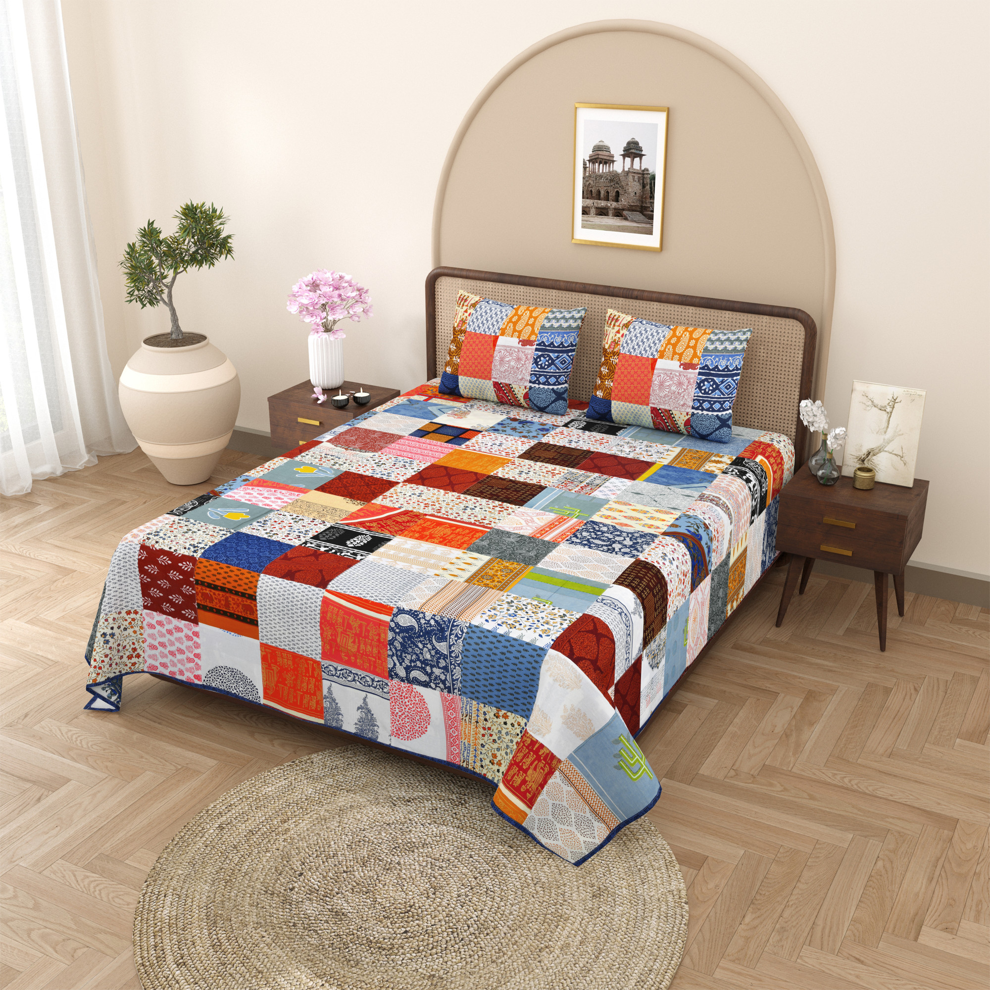 Satrangi Multi-Patchwork Pure Cotton Double Bedsheet with 2 Pillow Covers