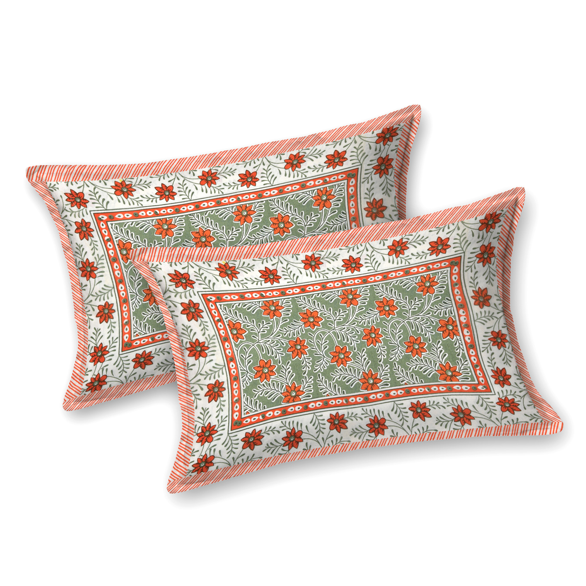 White Orange Floral 210 TC Pure Cotton Double Bedsheet with 2 Pillow Covers