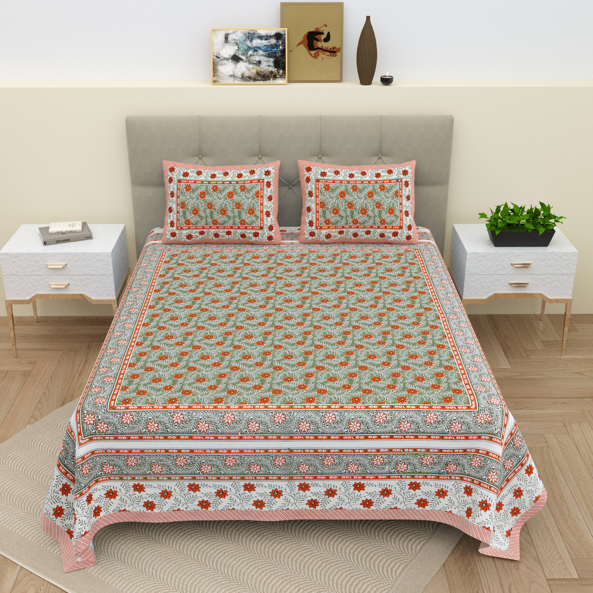 White Orange Floral 210 TC Pure Cotton Double Bedsheet with 2 Pillow Covers