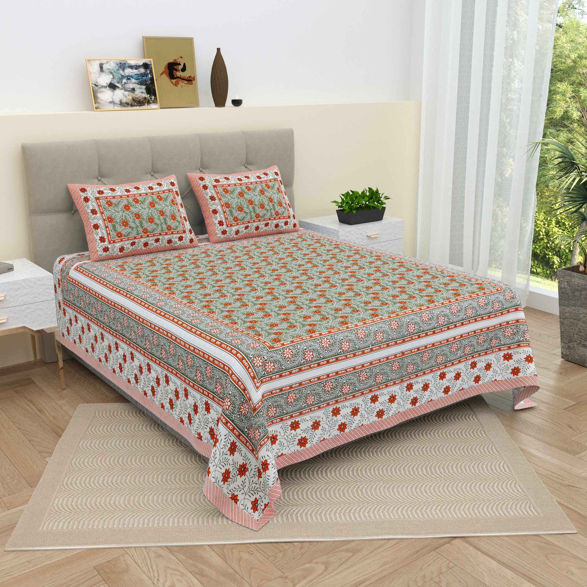 White Orange Floral 210 TC Pure Cotton Double Bedsheet with 2 Pillow Covers