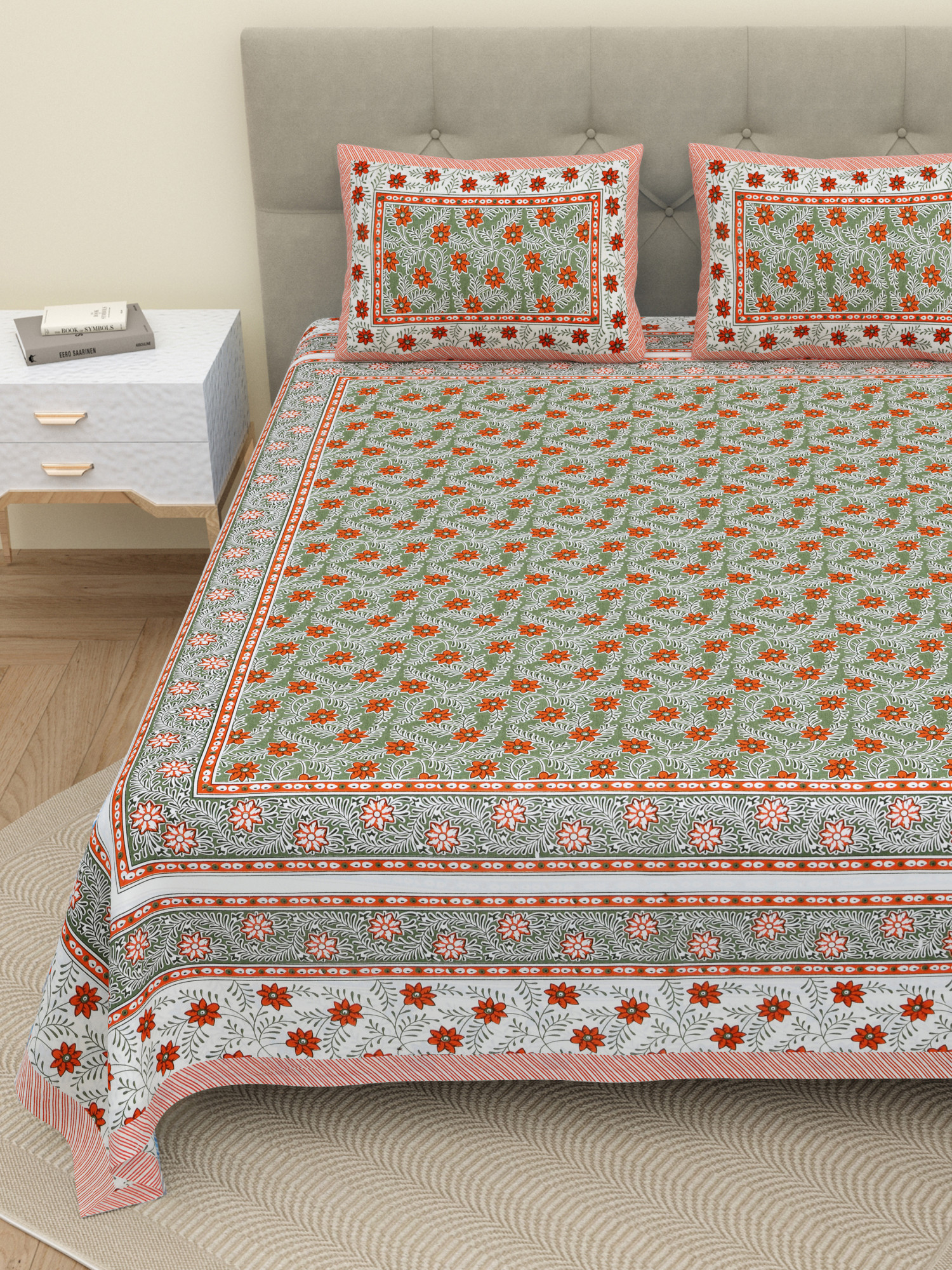 White Orange Floral 210 TC Pure Cotton Double Bedsheet with 2 Pillow Covers
