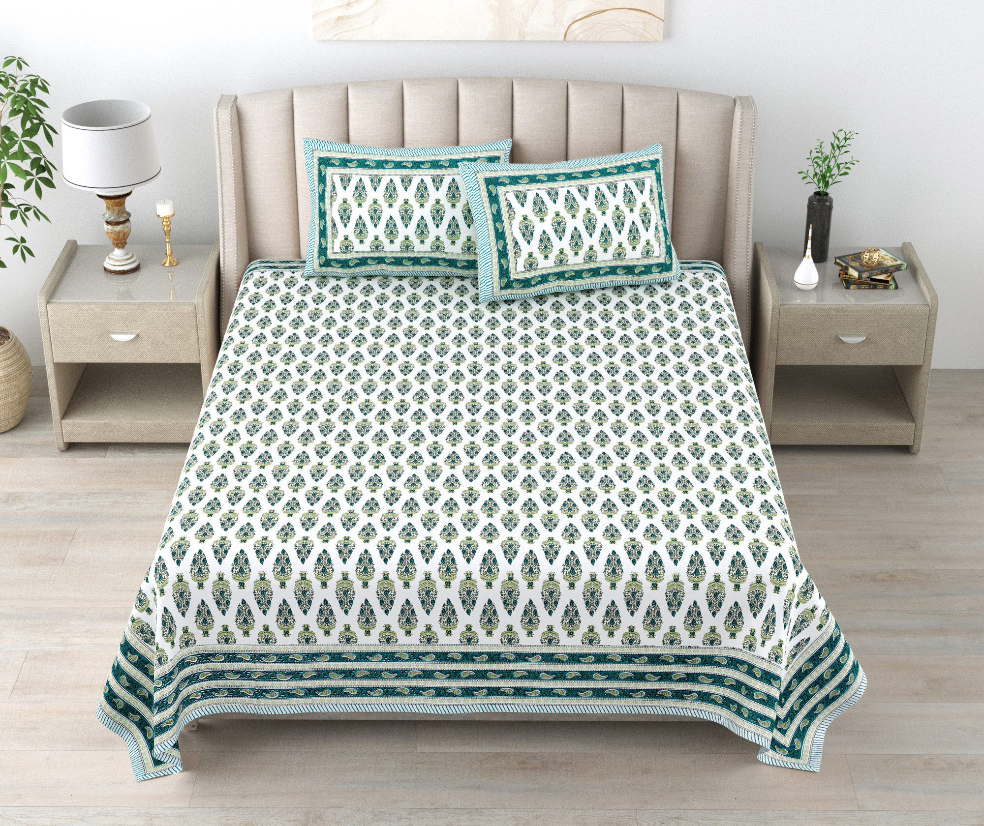 Green White Floral 240 TC Pure Cotton Double Bedsheet with 2 Pillow Covers