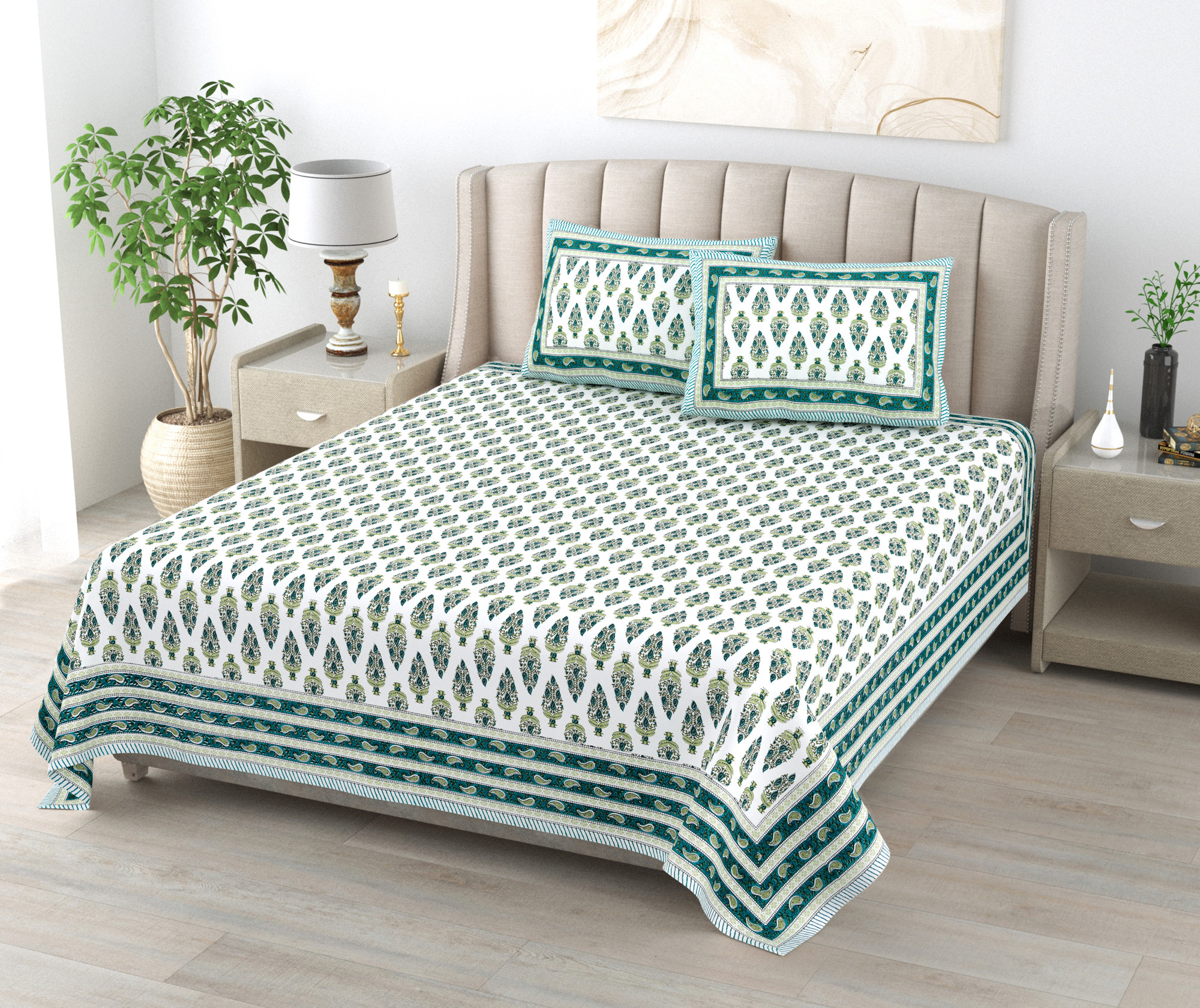 Green White Floral 240 TC Pure Cotton Double Bedsheet with 2 Pillow Covers