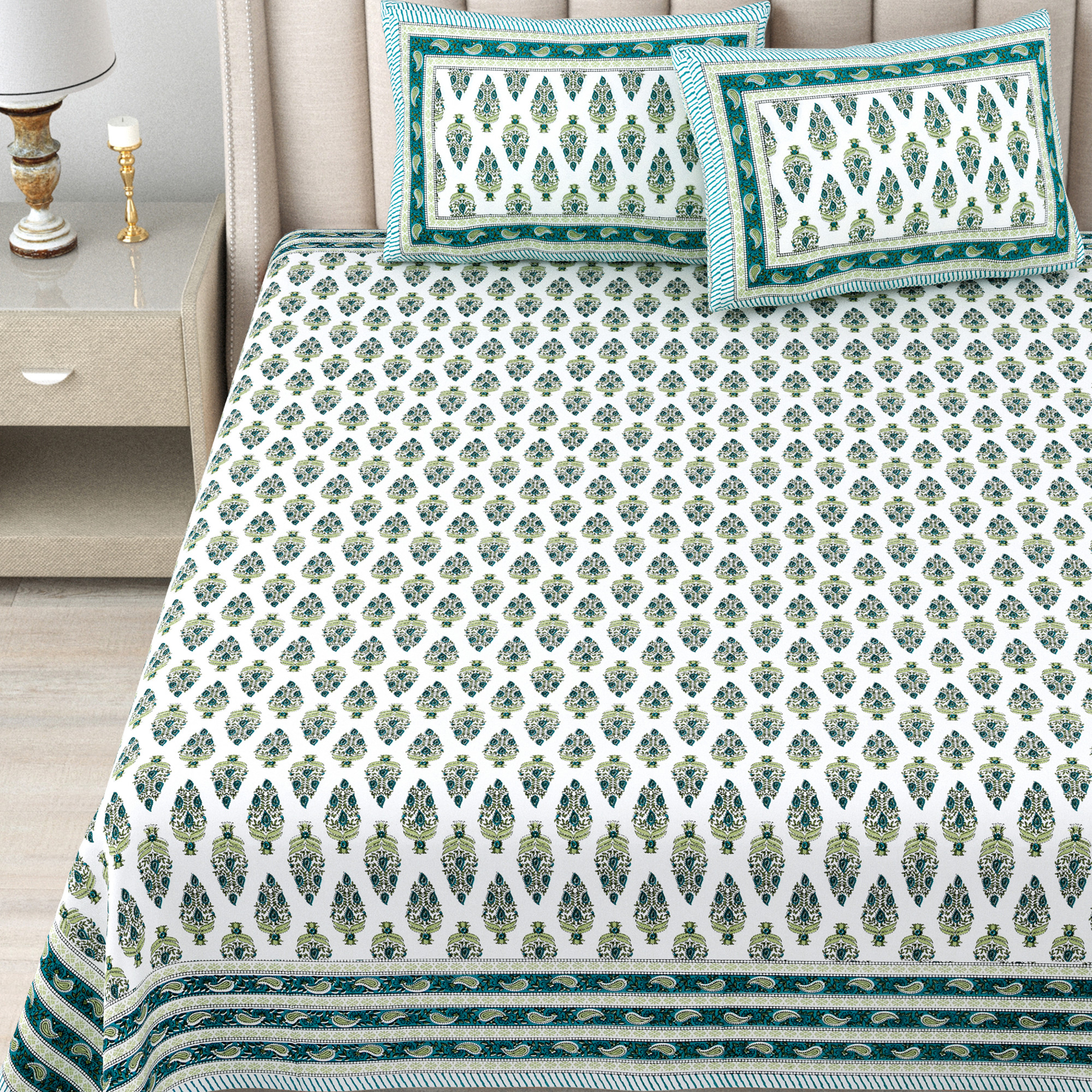 Green White Floral 240 TC Pure Cotton Double Bedsheet with 2 Pillow Covers