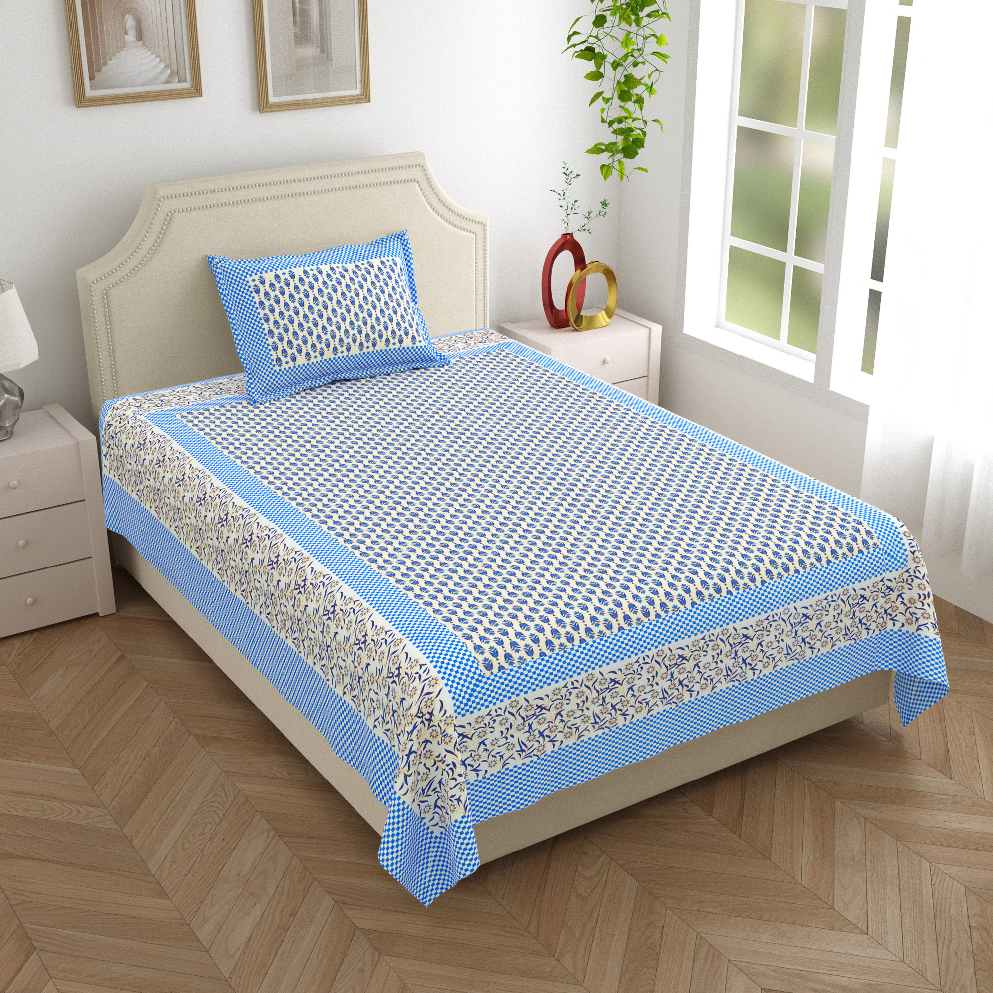 Blue Floral 210 Pure Cotton TC Single Bedsheet with 1 Pillow Cover