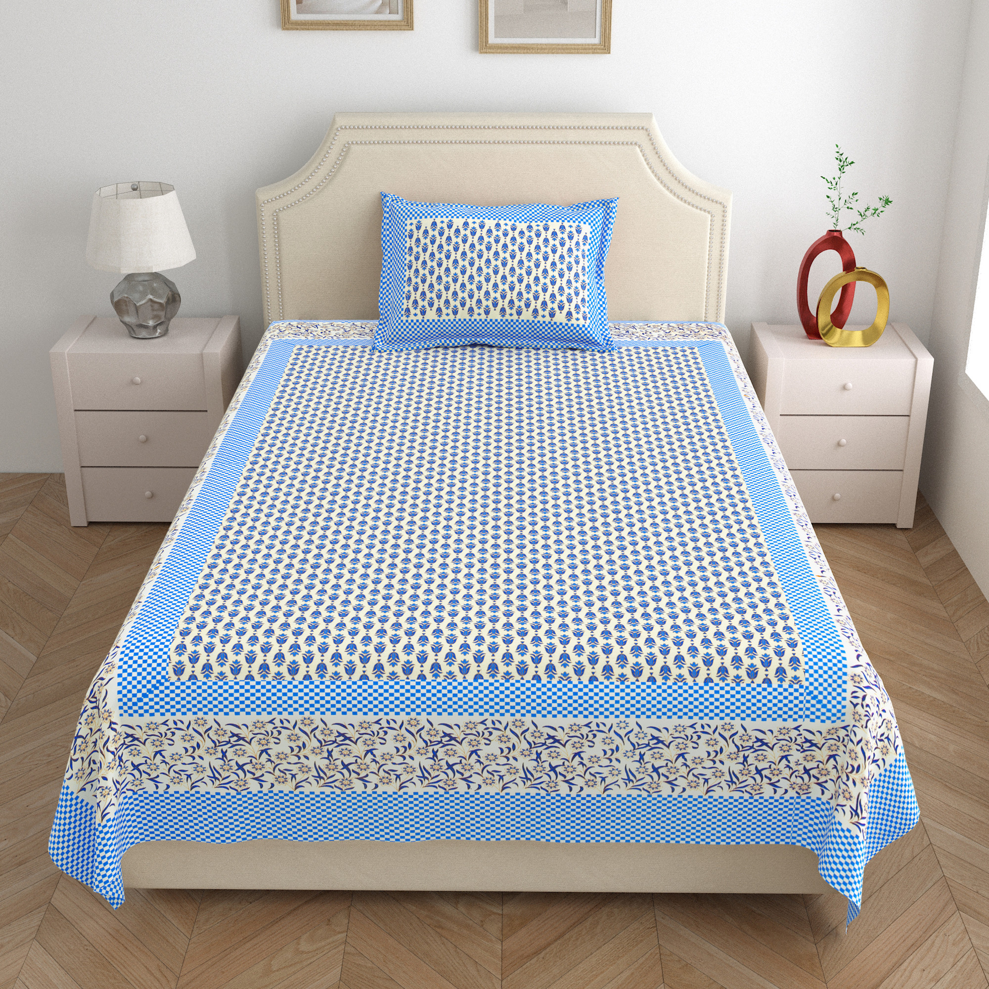 Blue Floral 210 Pure Cotton TC Single Bedsheet with 1 Pillow Cover