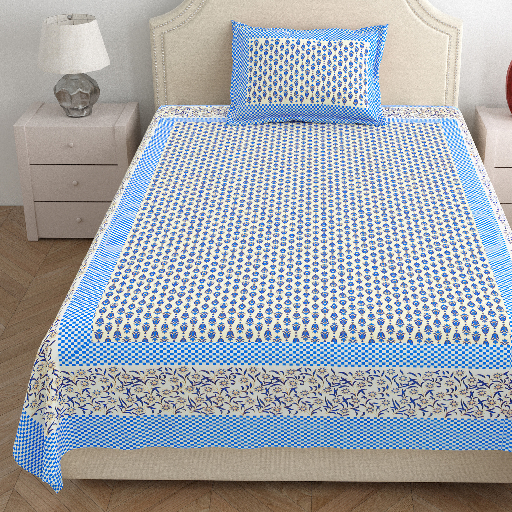 Blue Floral 210 Pure Cotton TC Single Bedsheet with 1 Pillow Cover