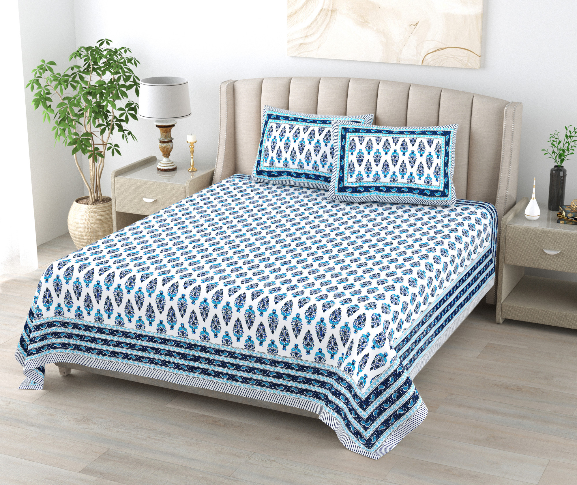 Blue White Floral 240 TC Pure Cotton Double Bedsheet with 2 Pillow Covers