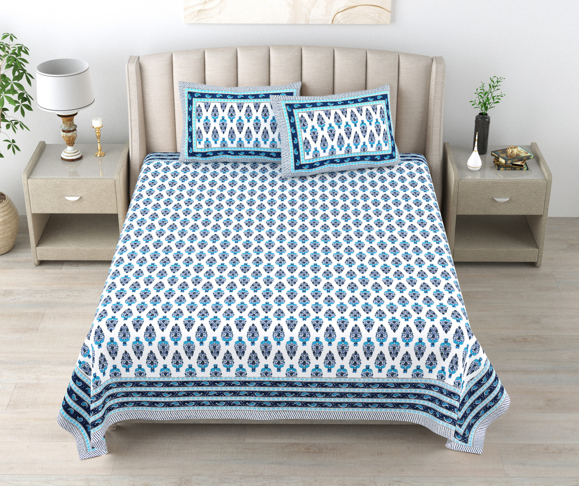 Blue White Floral 240 TC Pure Cotton Double Bedsheet with 2 Pillow Covers