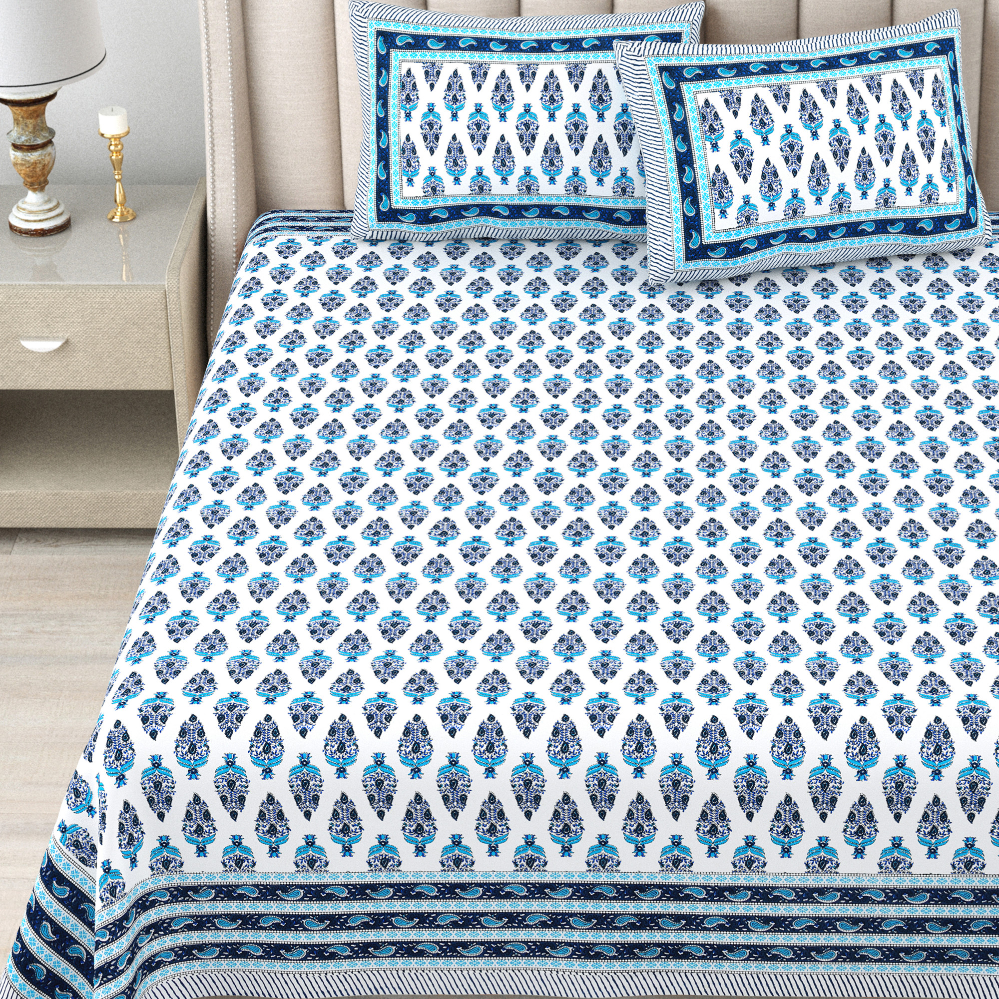 Blue White Floral 240 TC Pure Cotton Double Bedsheet with 2 Pillow Covers