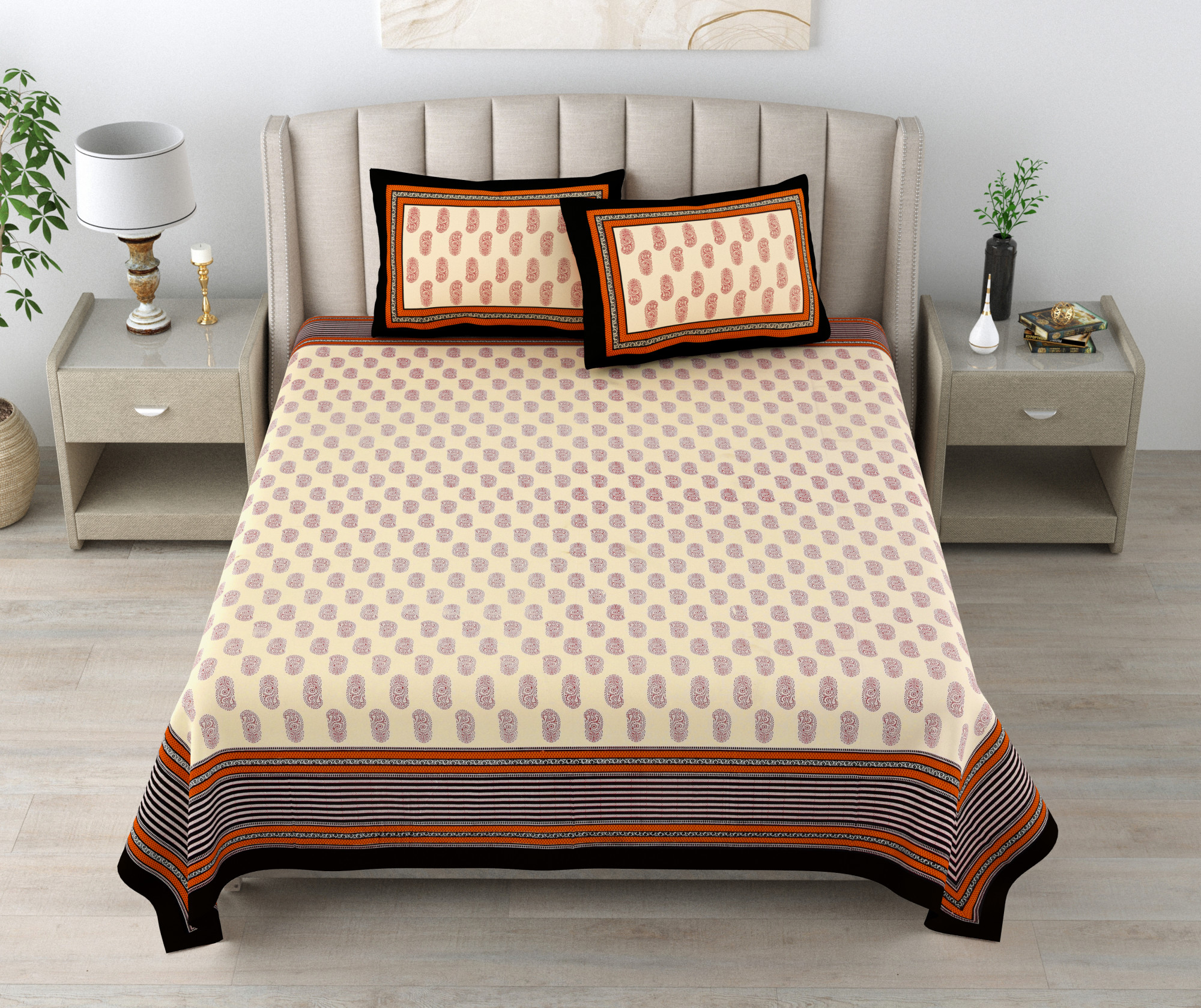 Pink Paisley Print 100 Pure Cotton King-Size Bedsheet with 2 Pillow Covers