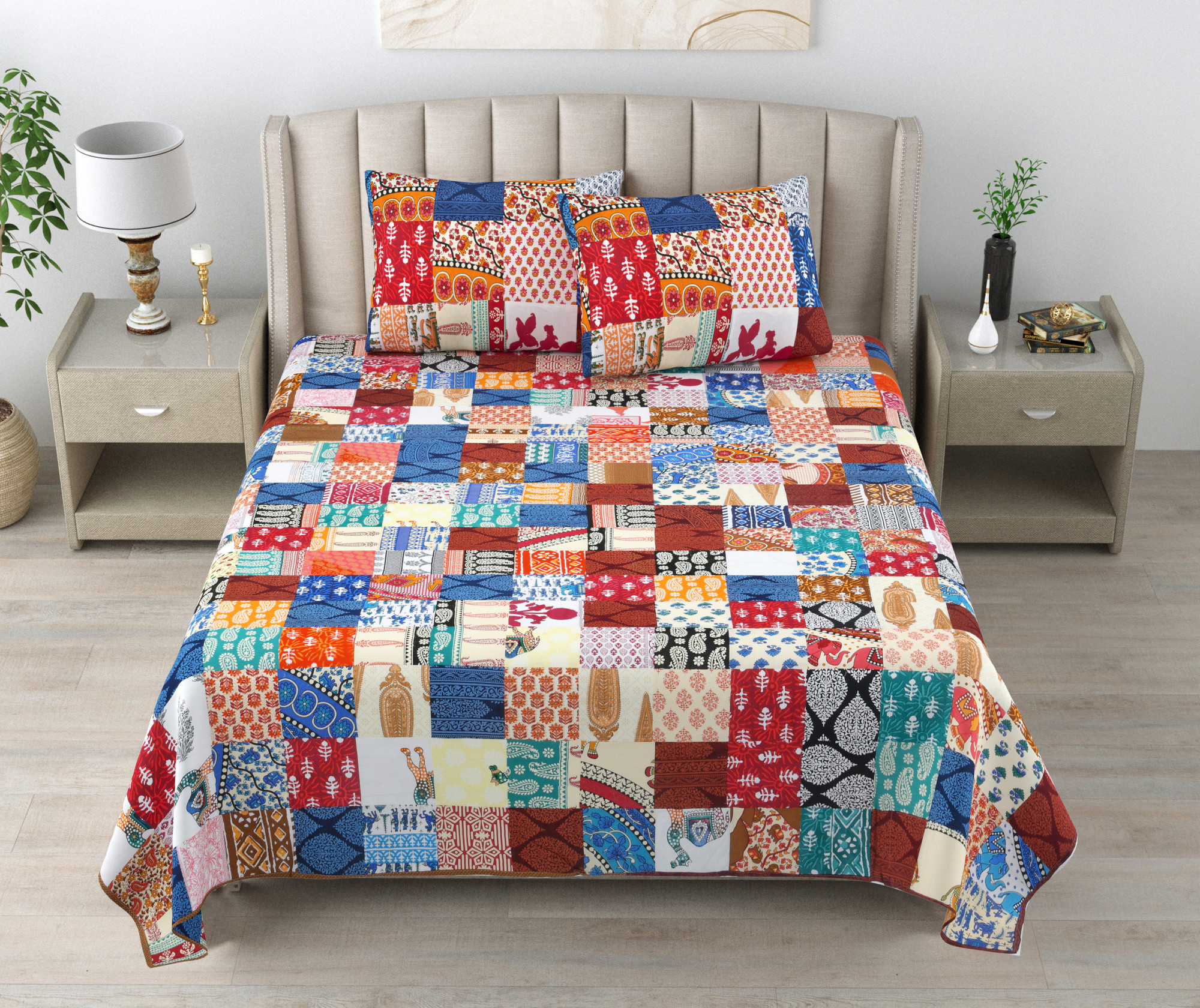 Satrangi Multi-Patchwork Pattern 100 Pure Cotton King-Size Bedsheet with 2 Pillow Covers