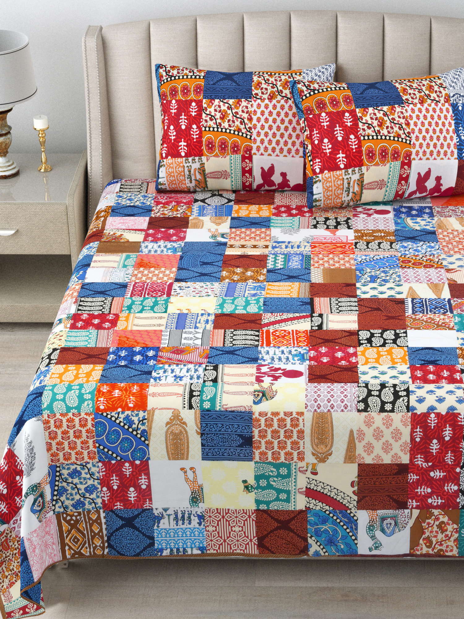 Satrangi Multi-Patchwork Pattern 100 Pure Cotton King-Size Bedsheet with 2 Pillow Covers