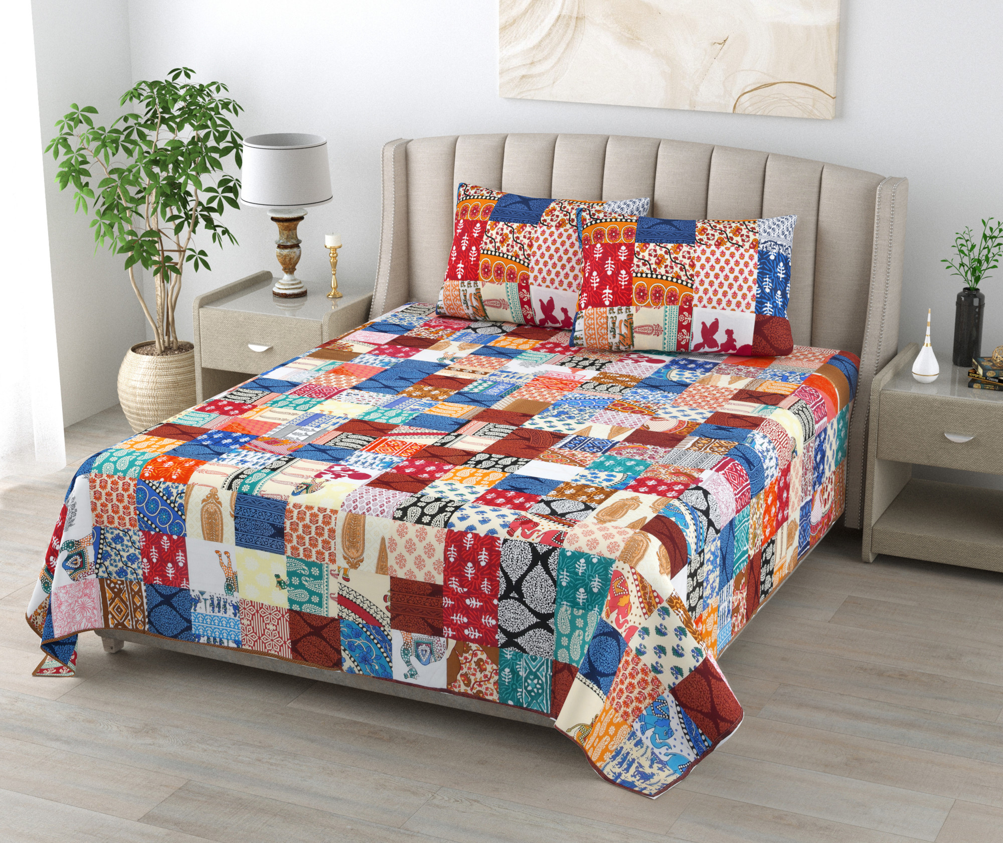 Satrangi Multi-Patchwork Pattern 100 Pure Cotton King-Size Bedsheet with 2 Pillow Covers