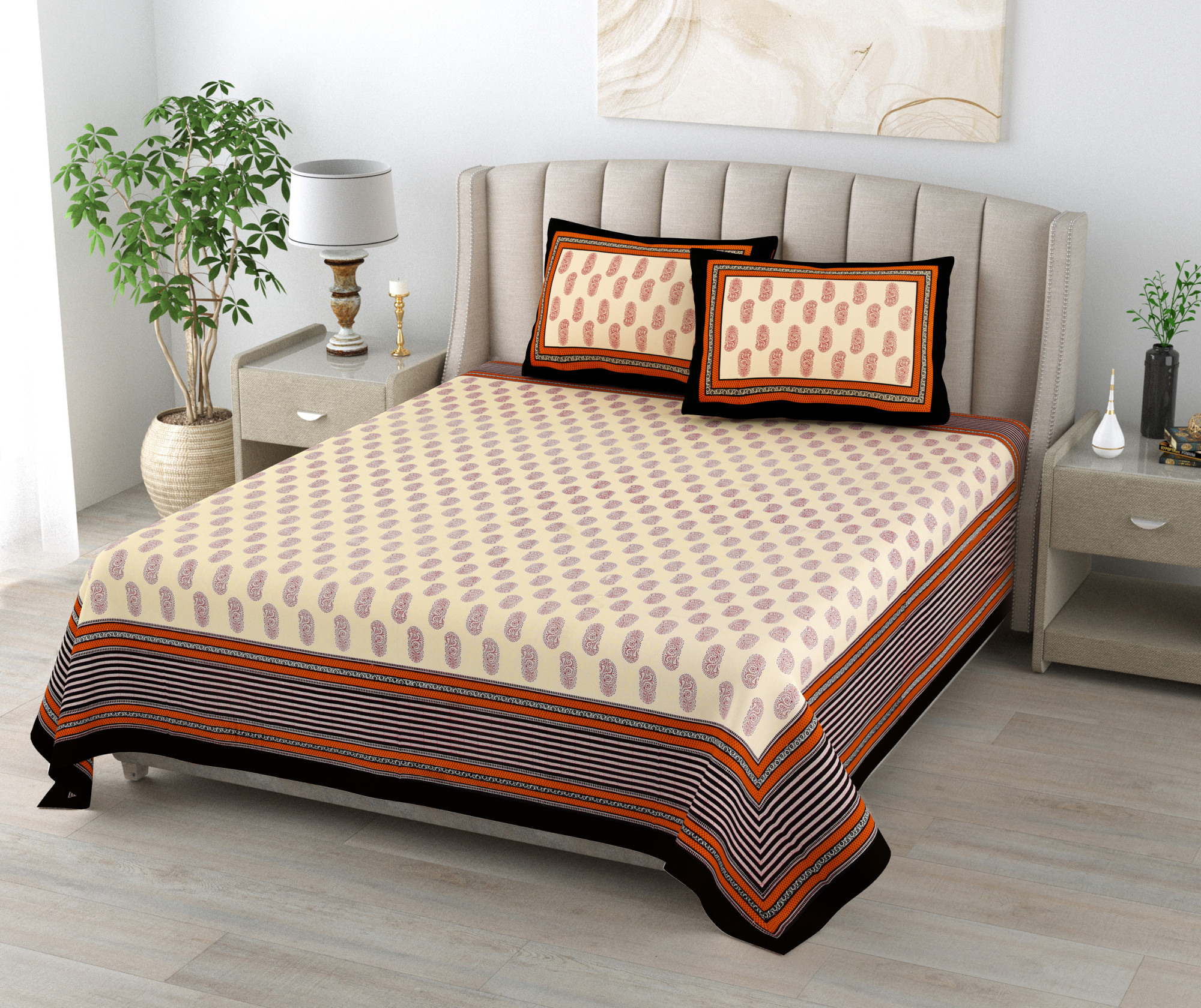 Pink Paisley Print 100 Pure Cotton King-Size Bedsheet with 2 Pillow Covers