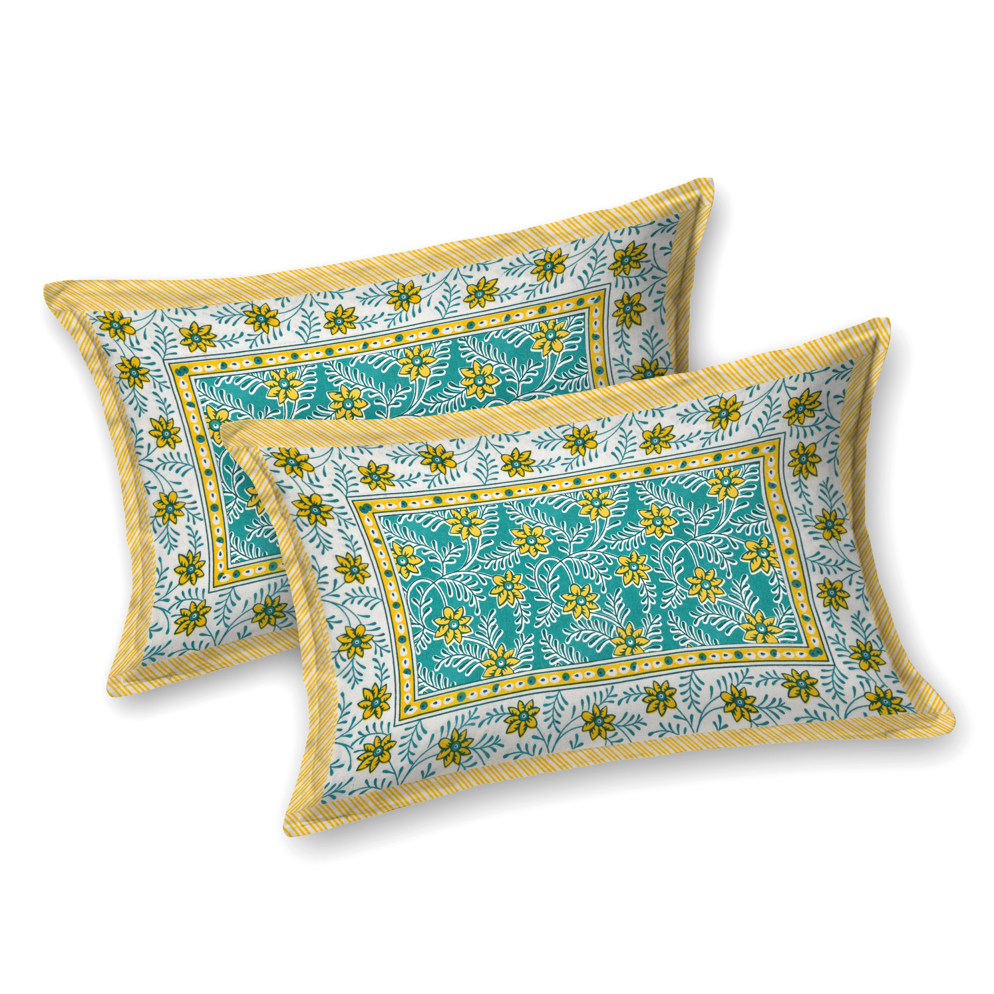 Green Yellow Floral 210 TC Pure Cotton Double Bedsheet with 2 Pillow Covers