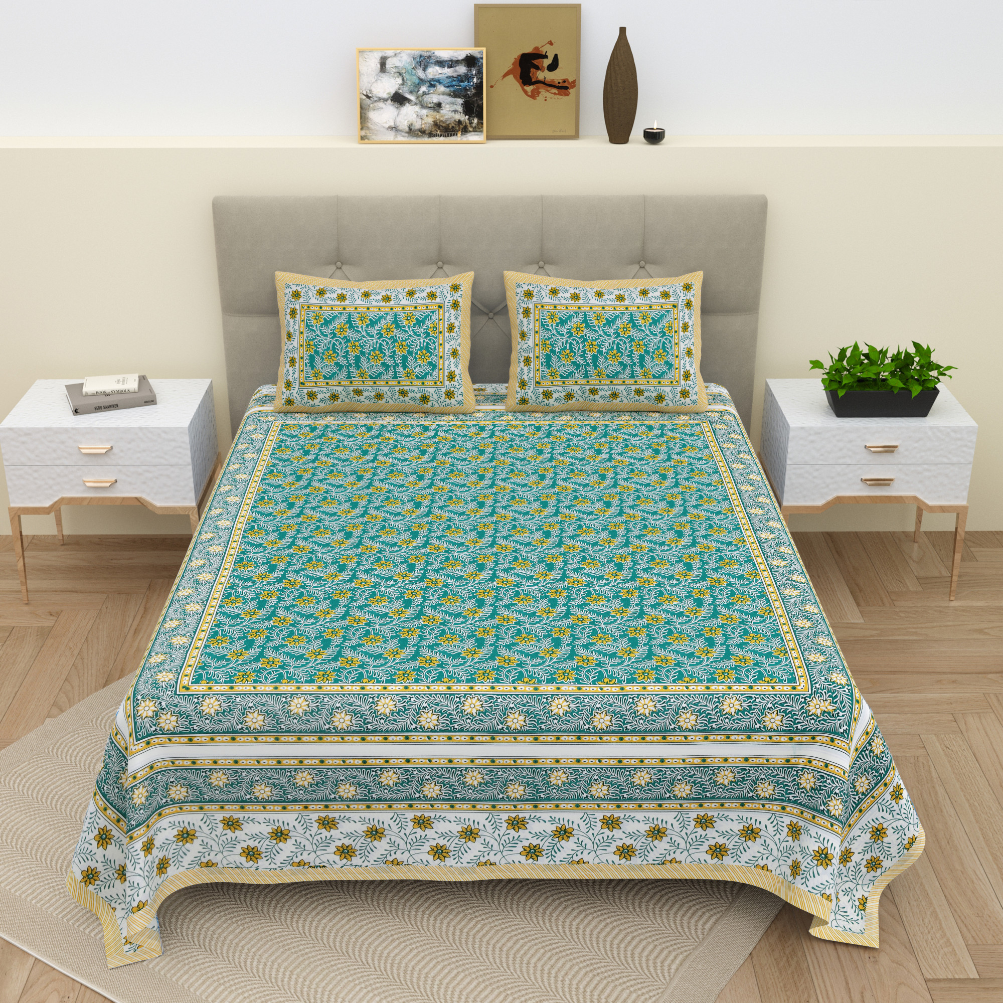 Green Yellow Floral 210 TC Pure Cotton Double Bedsheet with 2 Pillow Covers