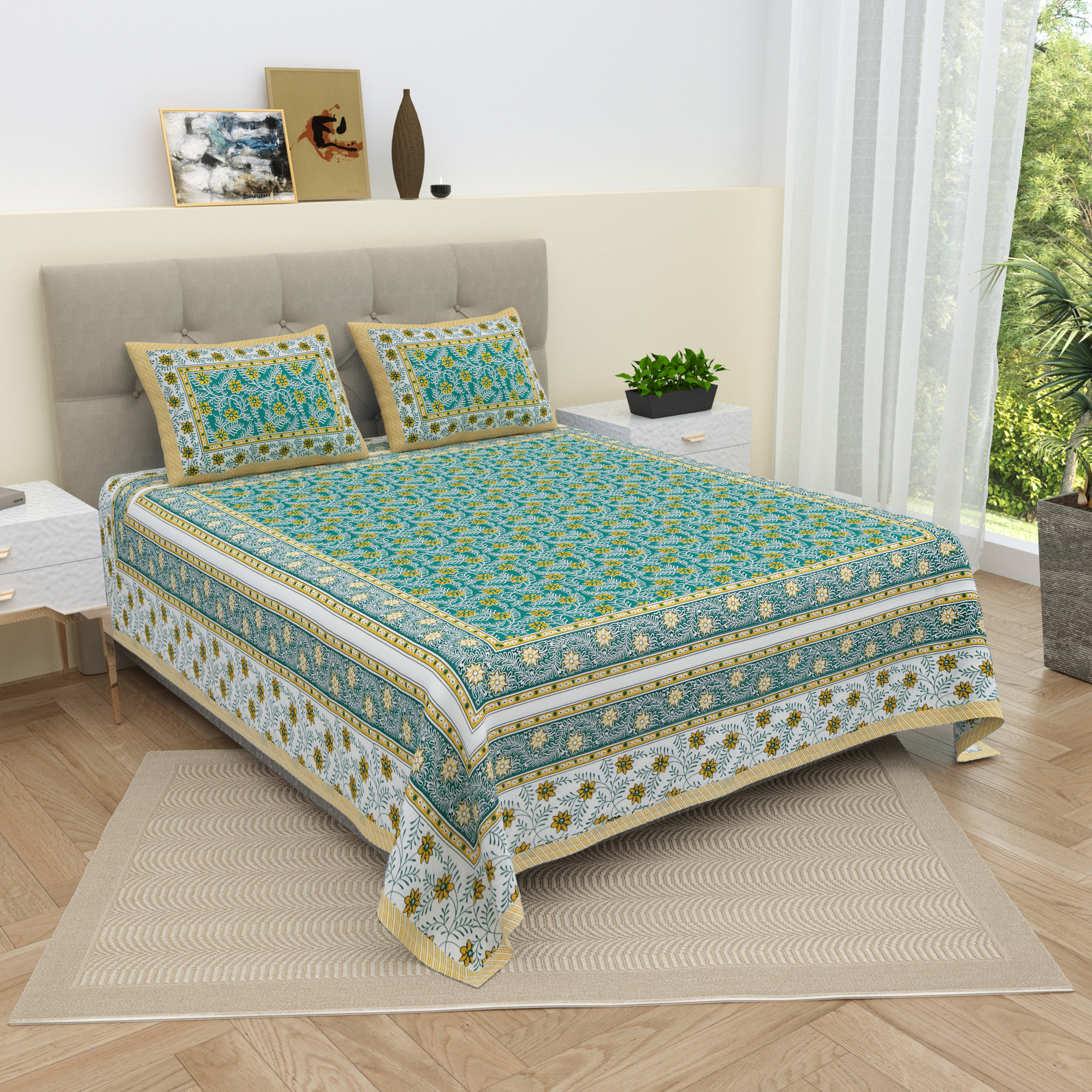 Green  Yellow Floral 210 TC Pure Cotton Double Bedsheet with 2 Pillow Covers