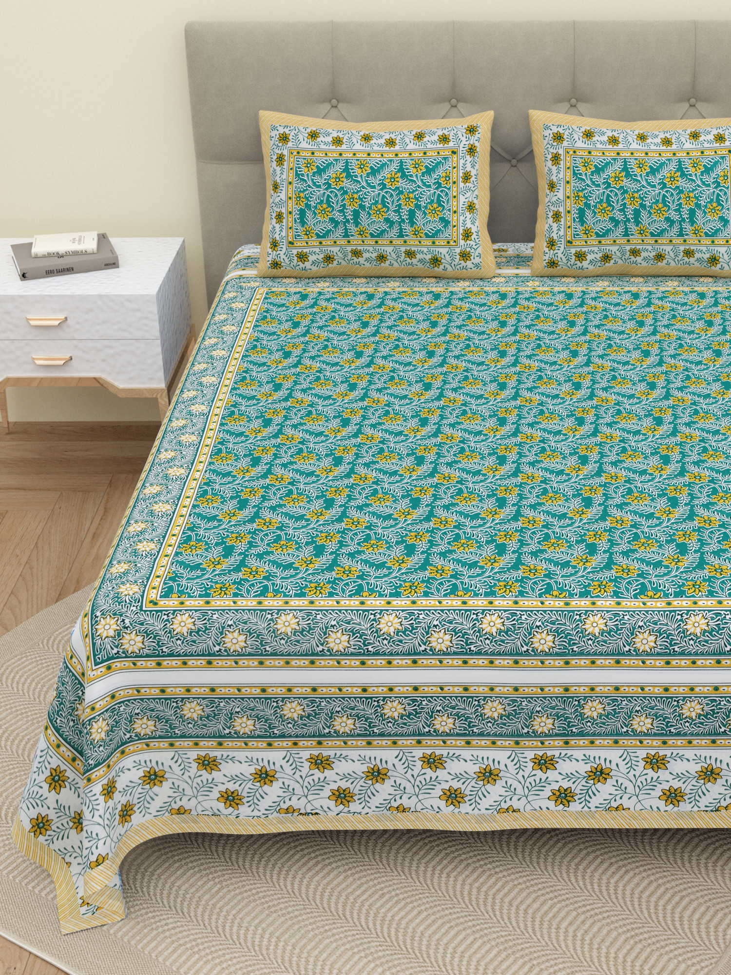 Green Yellow Floral 210 TC Pure Cotton Double Bedsheet with 2 Pillow Covers