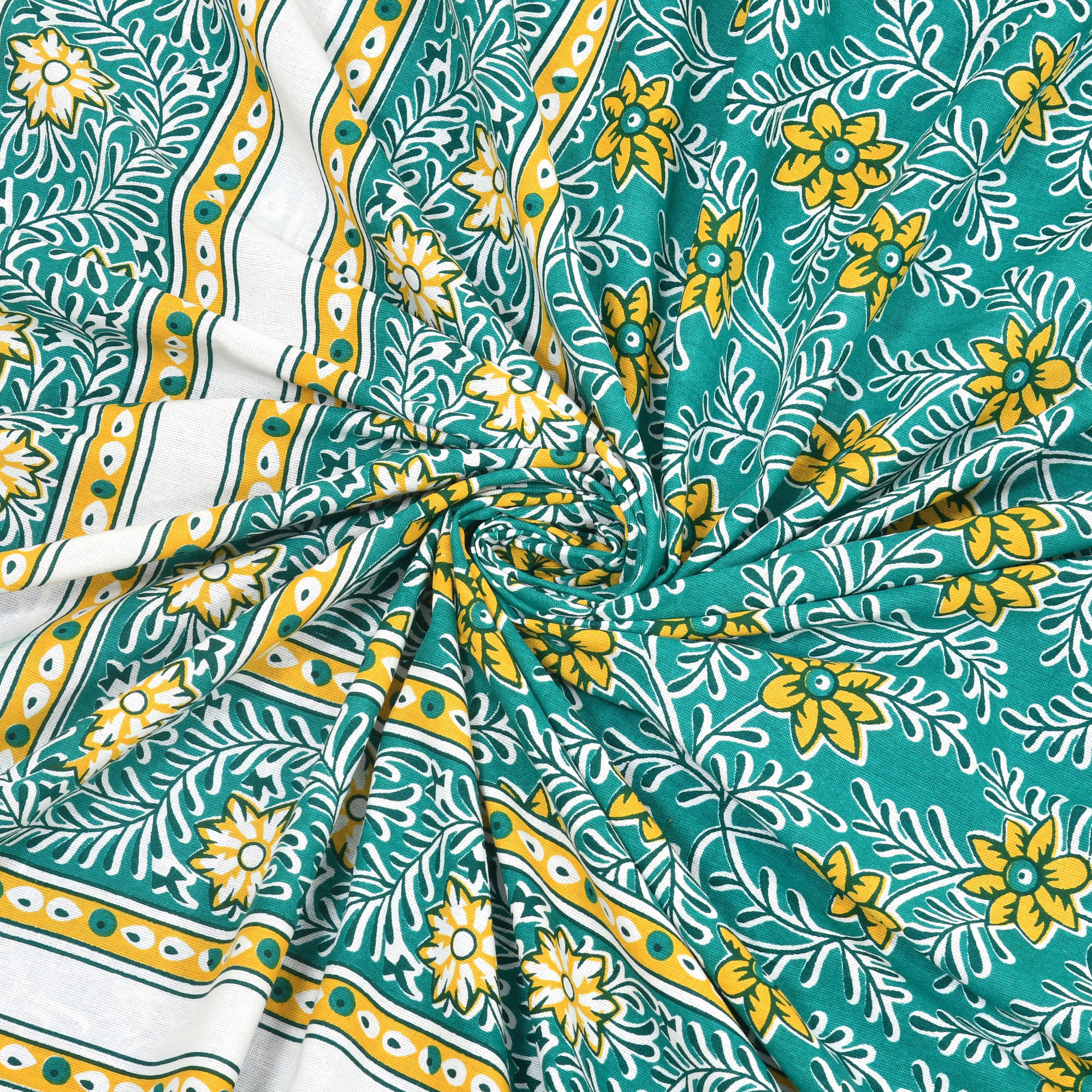 Green  Yellow Floral 210 TC Pure Cotton Double Bedsheet with 2 Pillow Covers