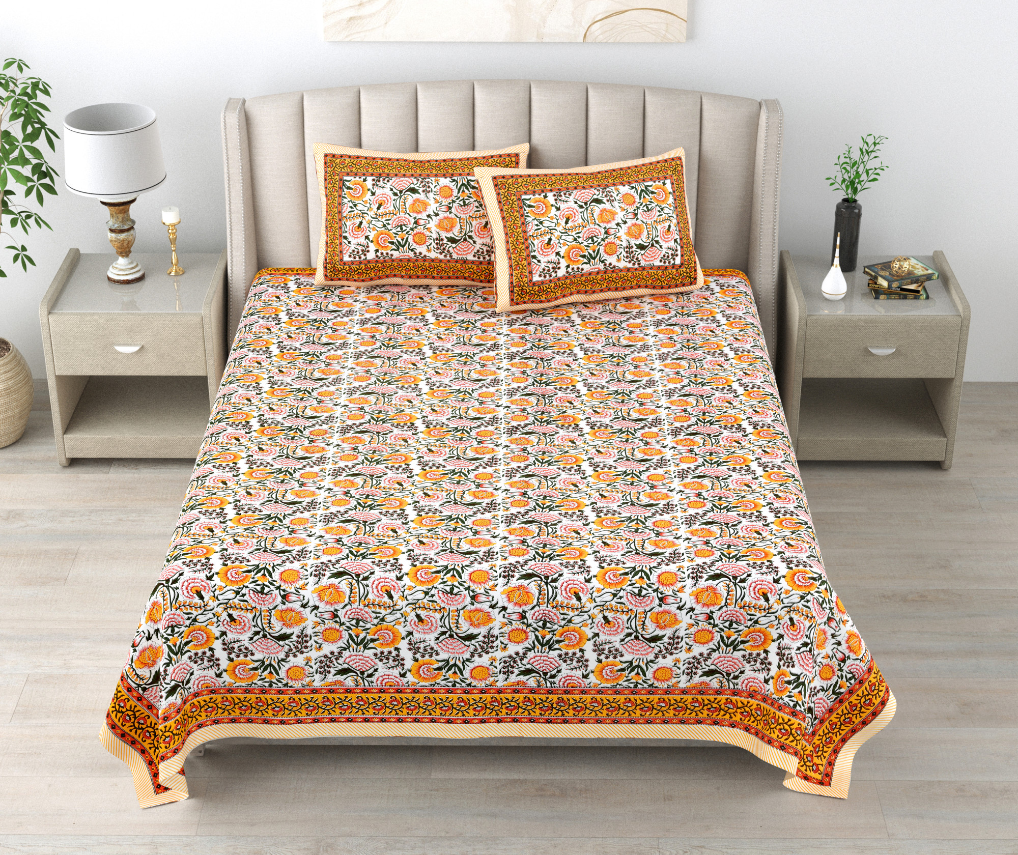 Yellow White Floral 240 TC Pure Cotton Double Bedsheet with 2 Pillow Covers