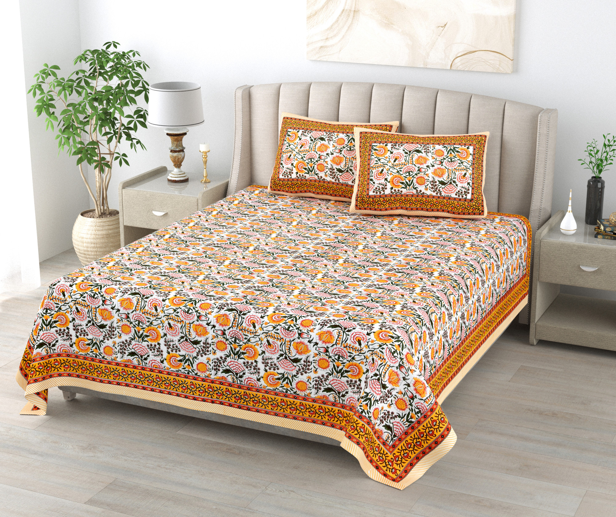 Yellow White Floral 240 TC Pure Cotton Double Bedsheet with 2 Pillow Covers