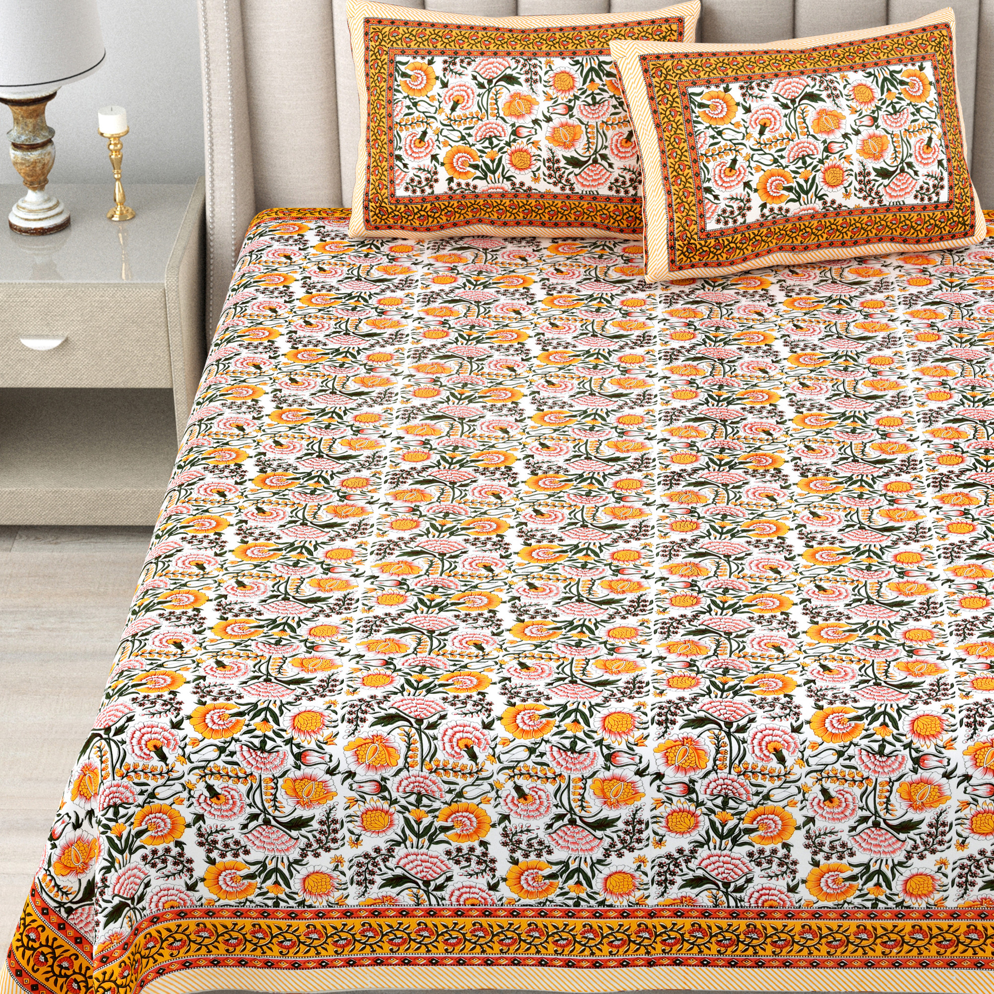 Yellow White Floral 240 TC Pure Cotton Double Bedsheet with 2 Pillow Covers