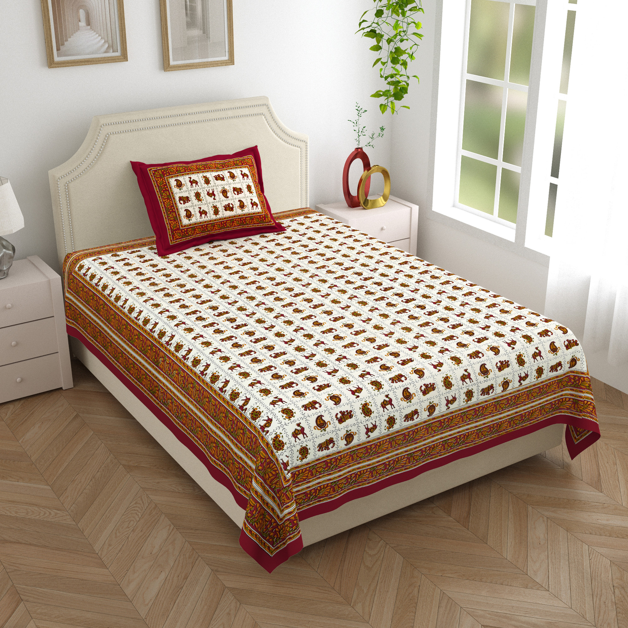 Beige Green Floral 210 TC Pure Cotton Single Bedsheet with 1 Pillow Cover