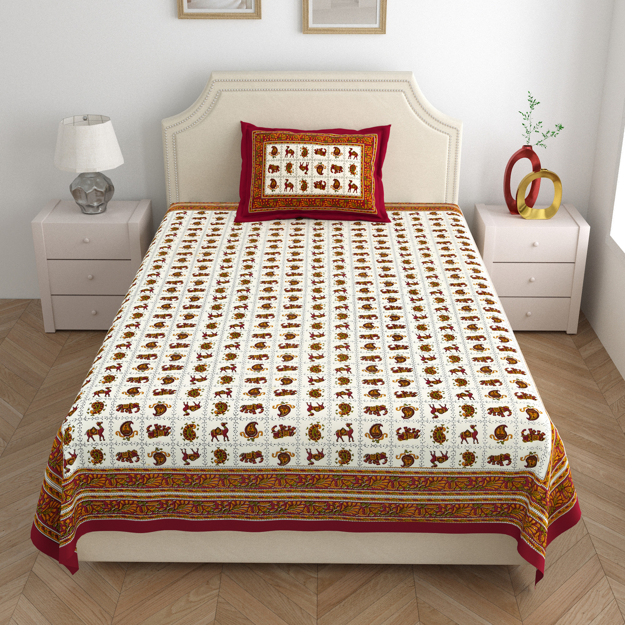 Beige  Green Floral 210 TC Pure Cotton Single Bedsheet with 1 Pillow Cover