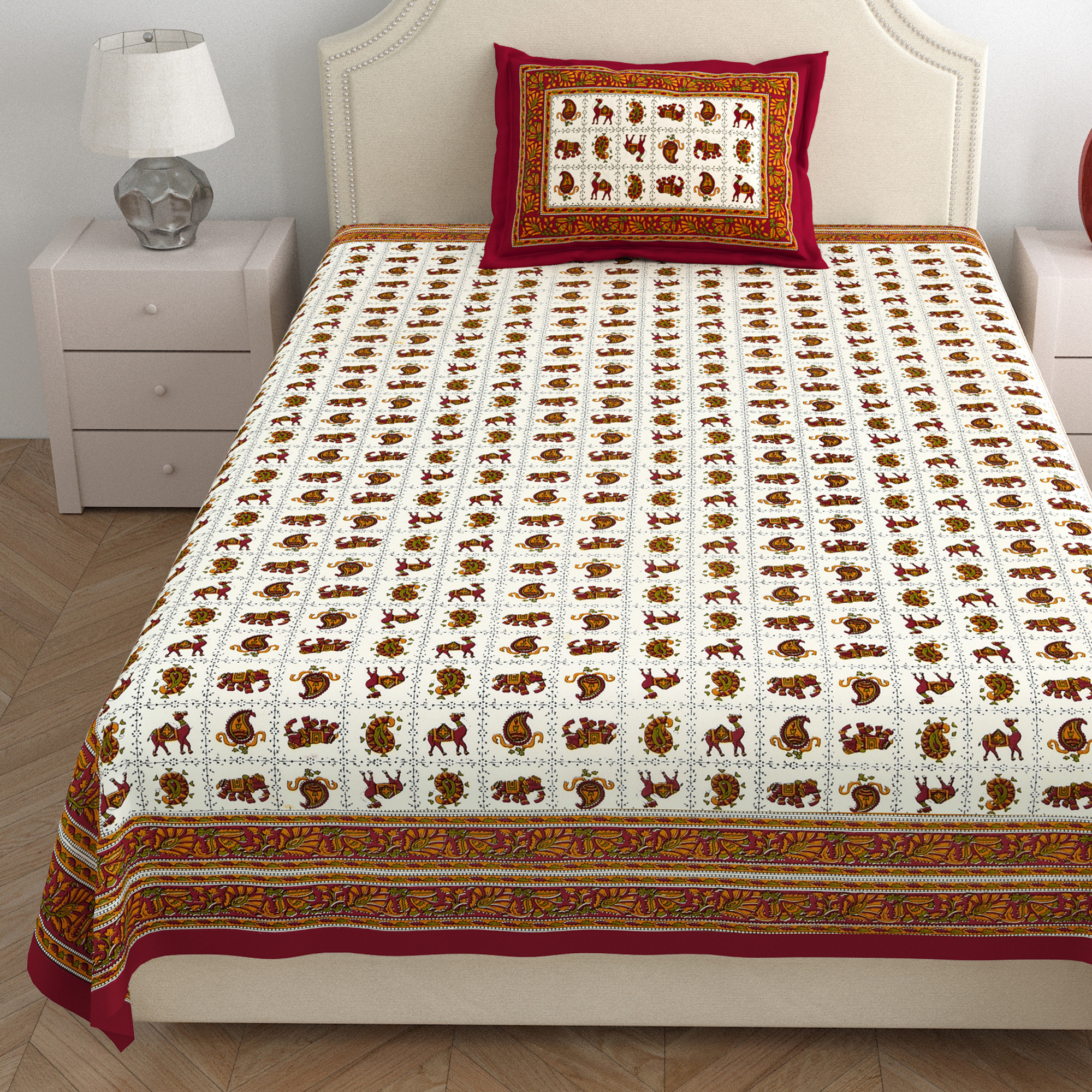 Beige Green Floral 210 TC Pure Cotton Single Bedsheet with 1 Pillow Cover